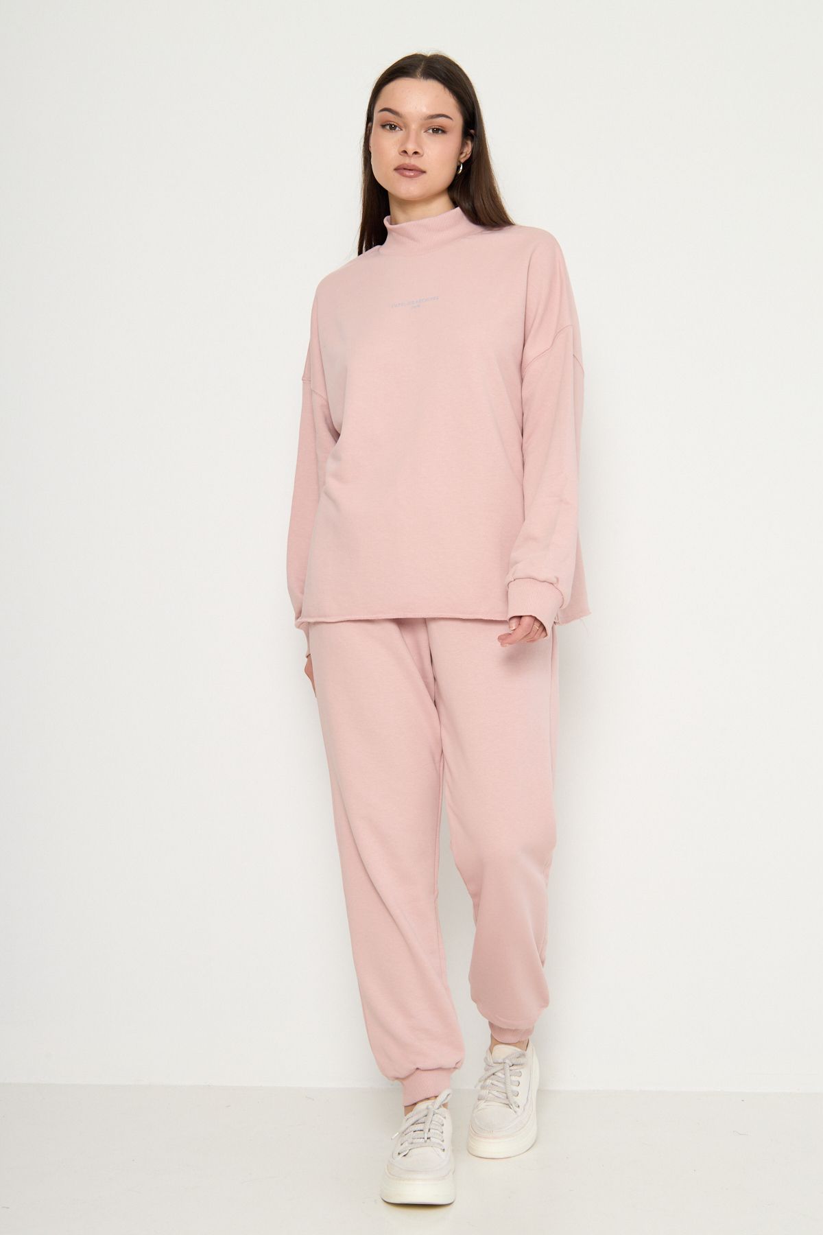 MODA Pembe Atelier Baskılı Yarım Balıkçı Sweatshirt-Eşofman Kadın Eşofman