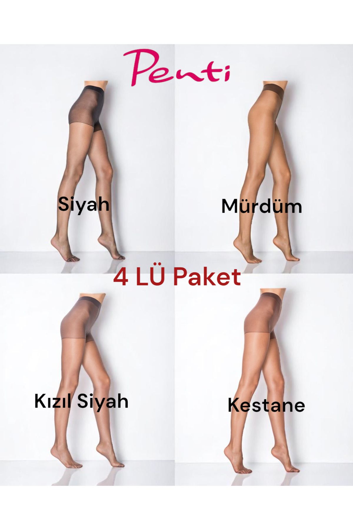 Penti 4 Lü Set ( Siyah/Mürdüm/Kestane /Kızıl Siyah ) Fit 15 Den İnce Parlak Kilotlu Çorap