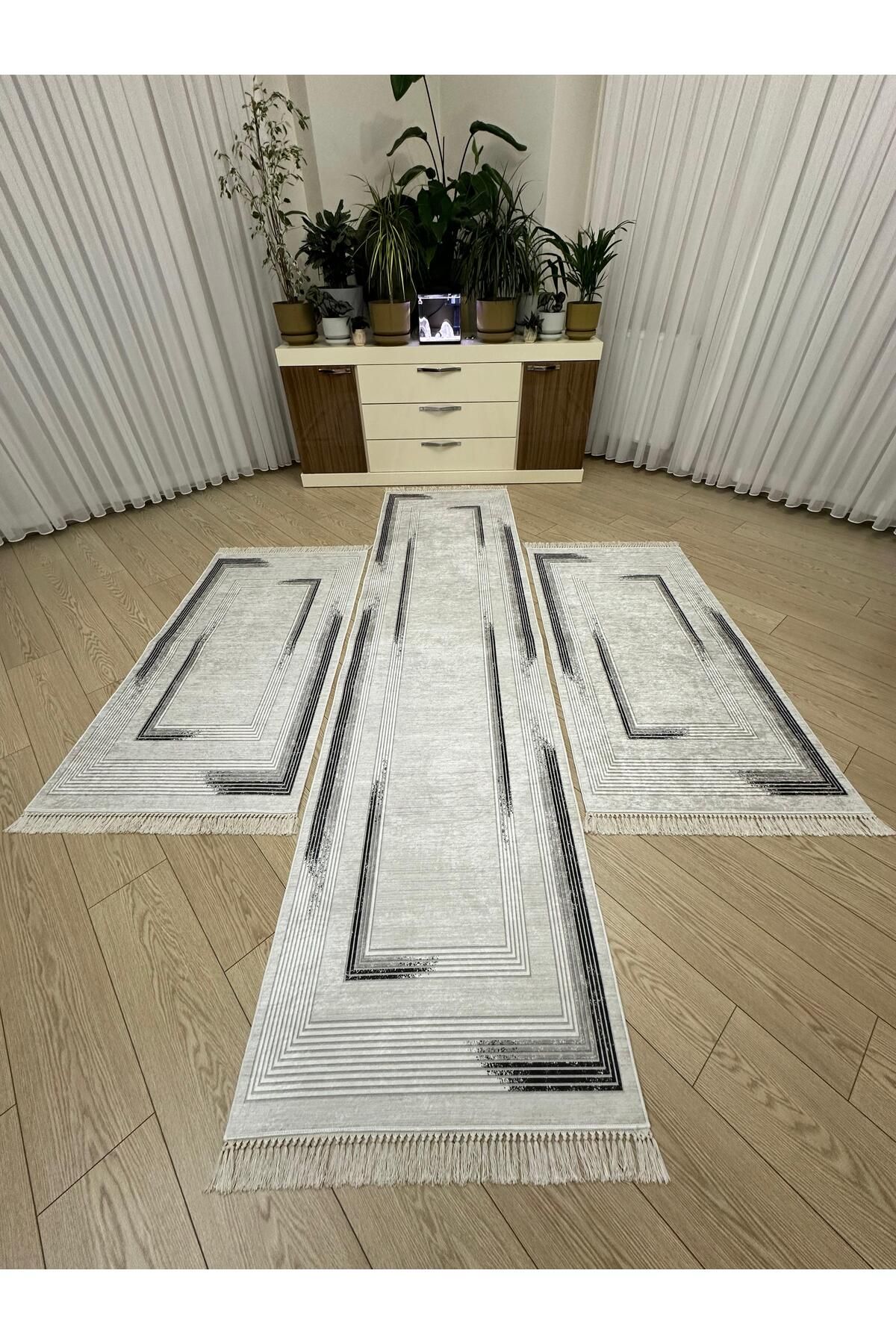 MODKLAS Kaymaz Taban 3 'lü Yatak Odası Halı Takımı 2 Adet 80x150 cm 1 Adet 80x300 cm
