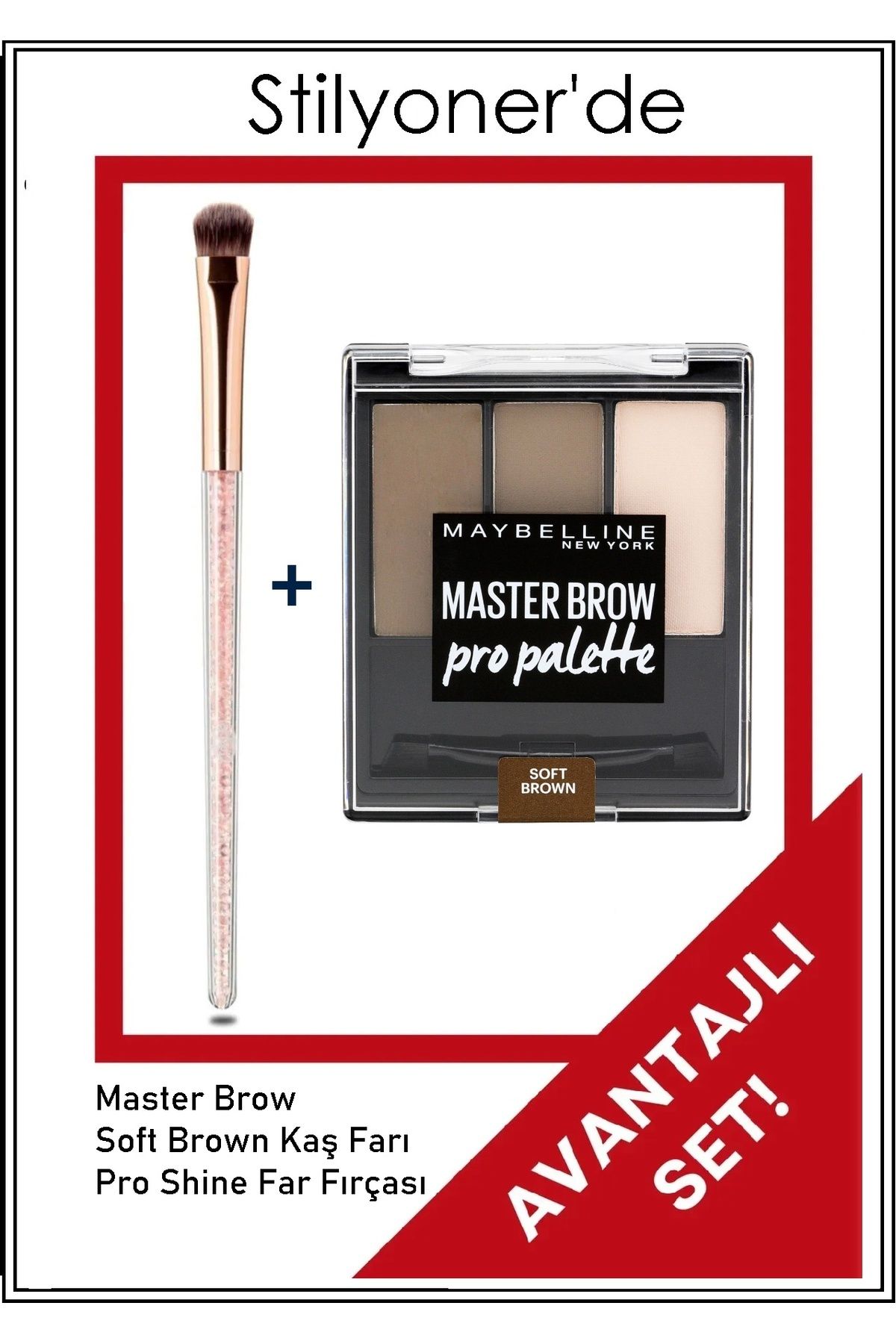 Stilyoner MYB Masterbrow Pro Palette Soft Brown Kaş Paleti + Pro Shine Far Fırçası - 2 Adet Mega Set