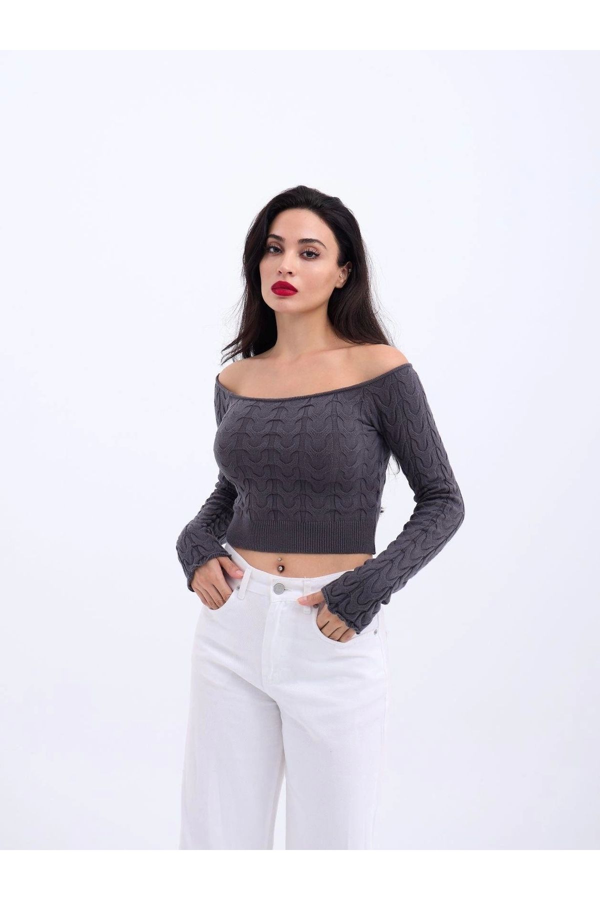 nedo7 42241 TRİKO KAYIK YAKA CROP-ANTRASİT