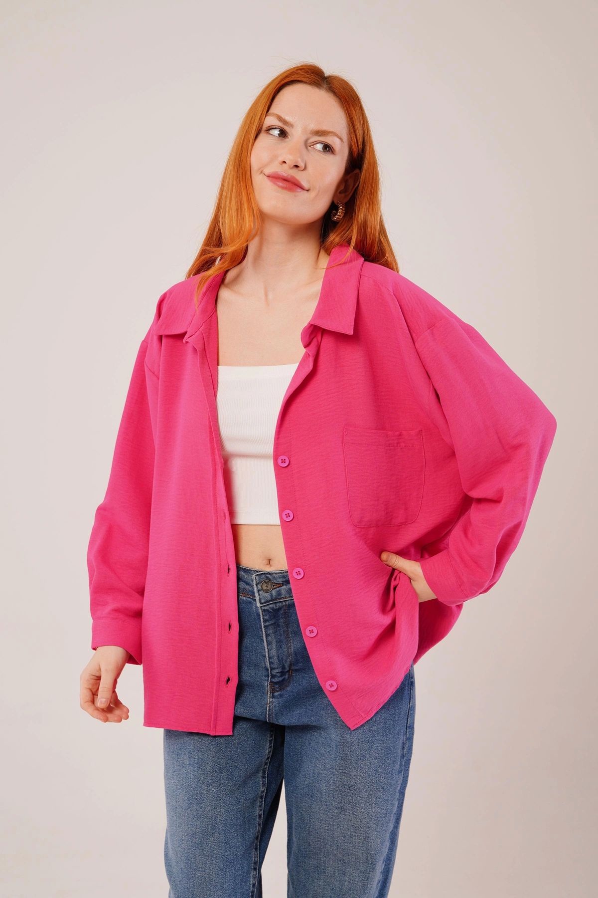 nedo7 Basic Oversize Fuşya Gömlek
