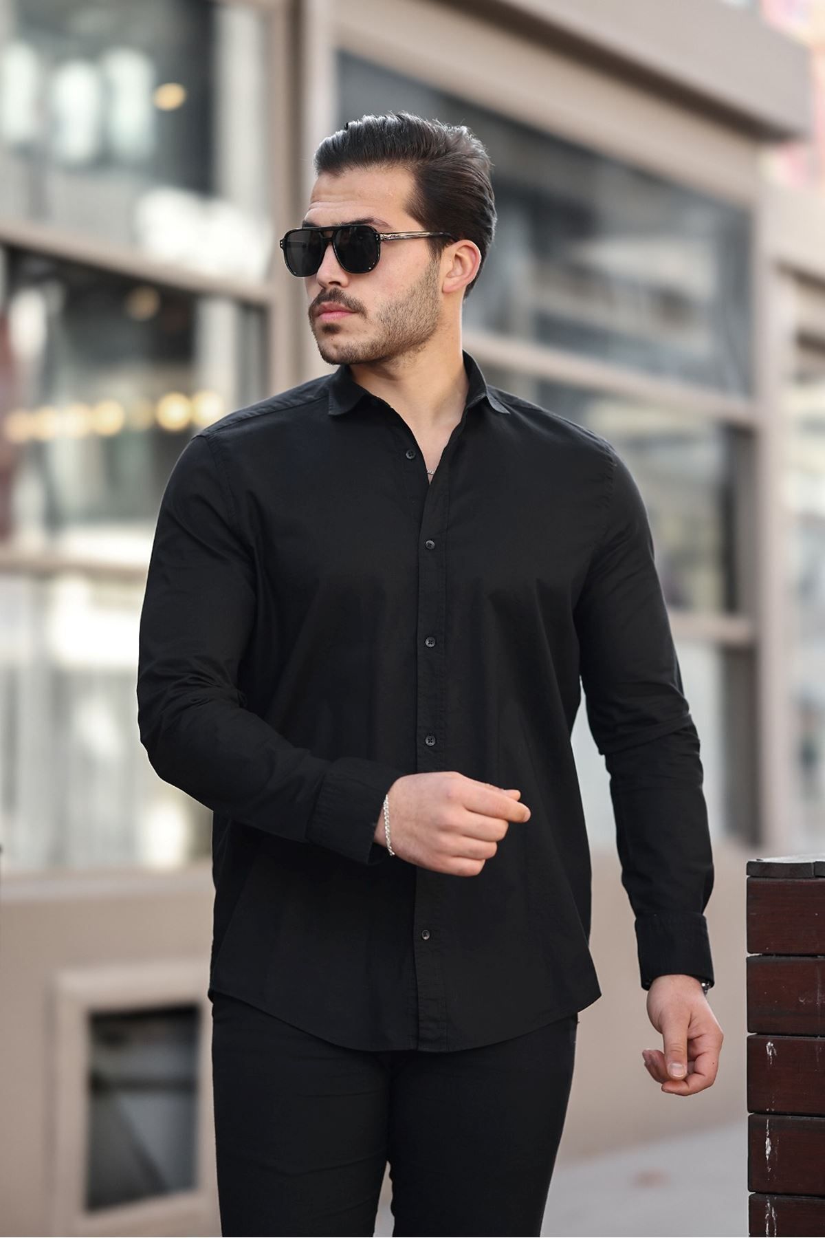 Shop58 Erkek Büyük Beden Pamuk Şamre Kumaş Cepsiz Siyah Renk Gömlek