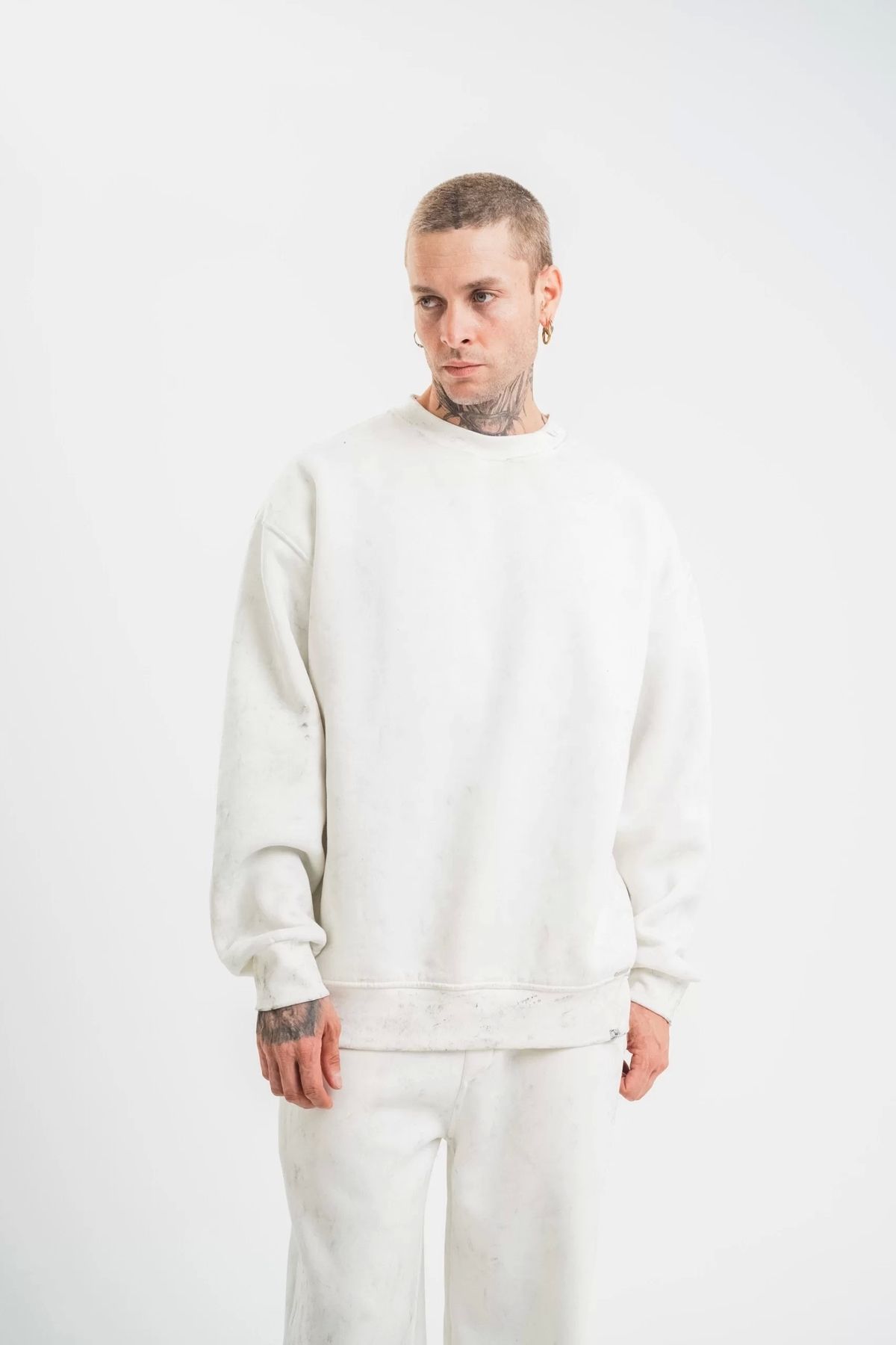 CVS Unisex Uzun Kol Bisiklet Yaka Yıkamalı SweatShirt - Beyaz