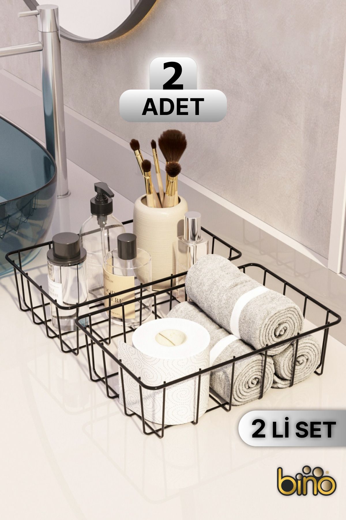 Bino 2 ADET Makyaj Organizeri Çok Amaçlı Sepet Banyo Kozmetik Düzenleyici Makyaj Havlu Sepeti Siyah Metal