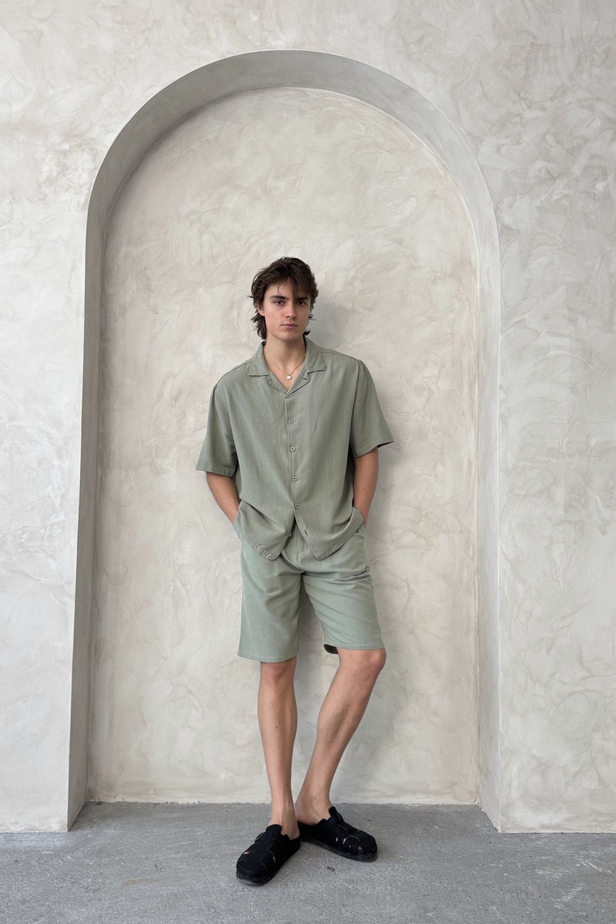 HYMAN-Men's Oversize Linen Shirt Shorts Set 4