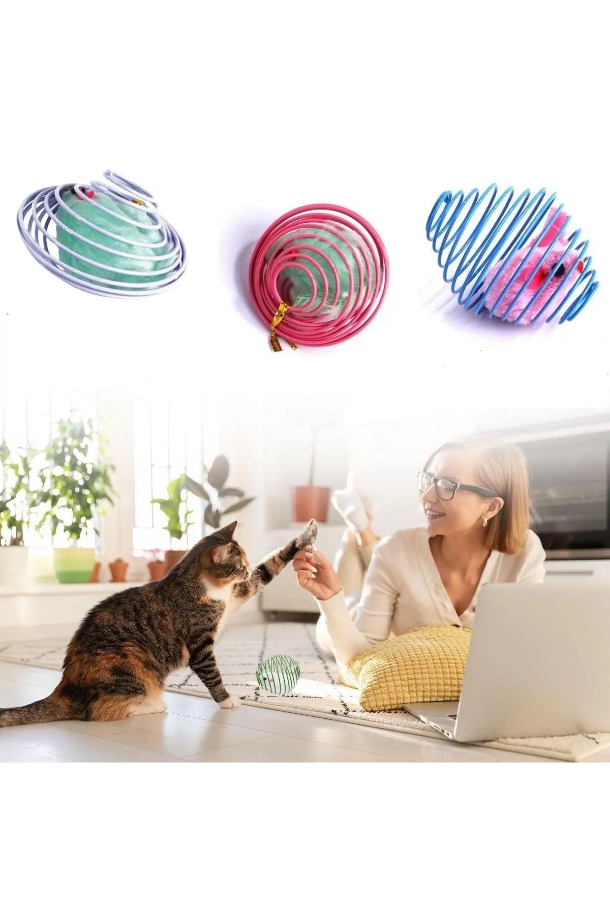Shop58 Yaylı Metal Fareli Kafes Kedi Oyun Topu Sıçrayan Spiral Kedi Topu (4172)