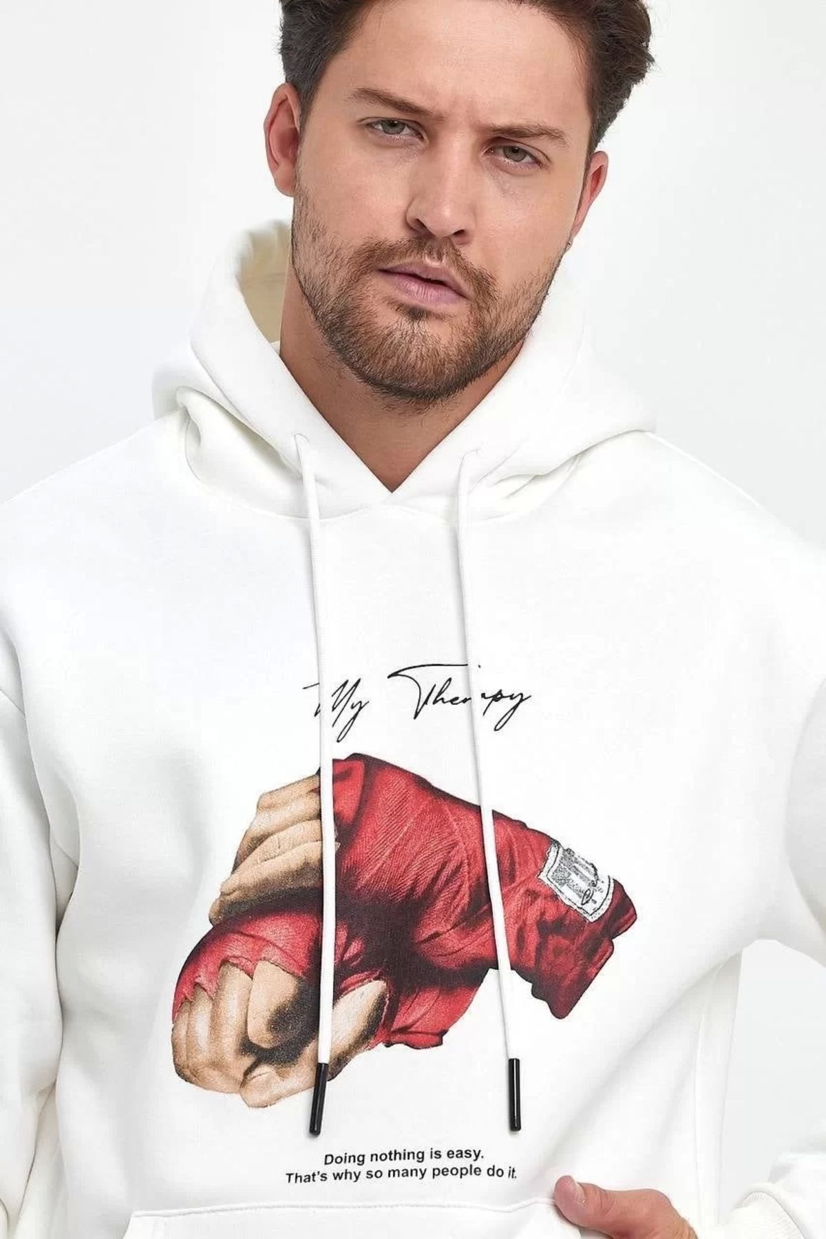 CVS Unisex Kapüşonlu Üç İplik Oversize Baskılı Sweatshirt - Beyaz