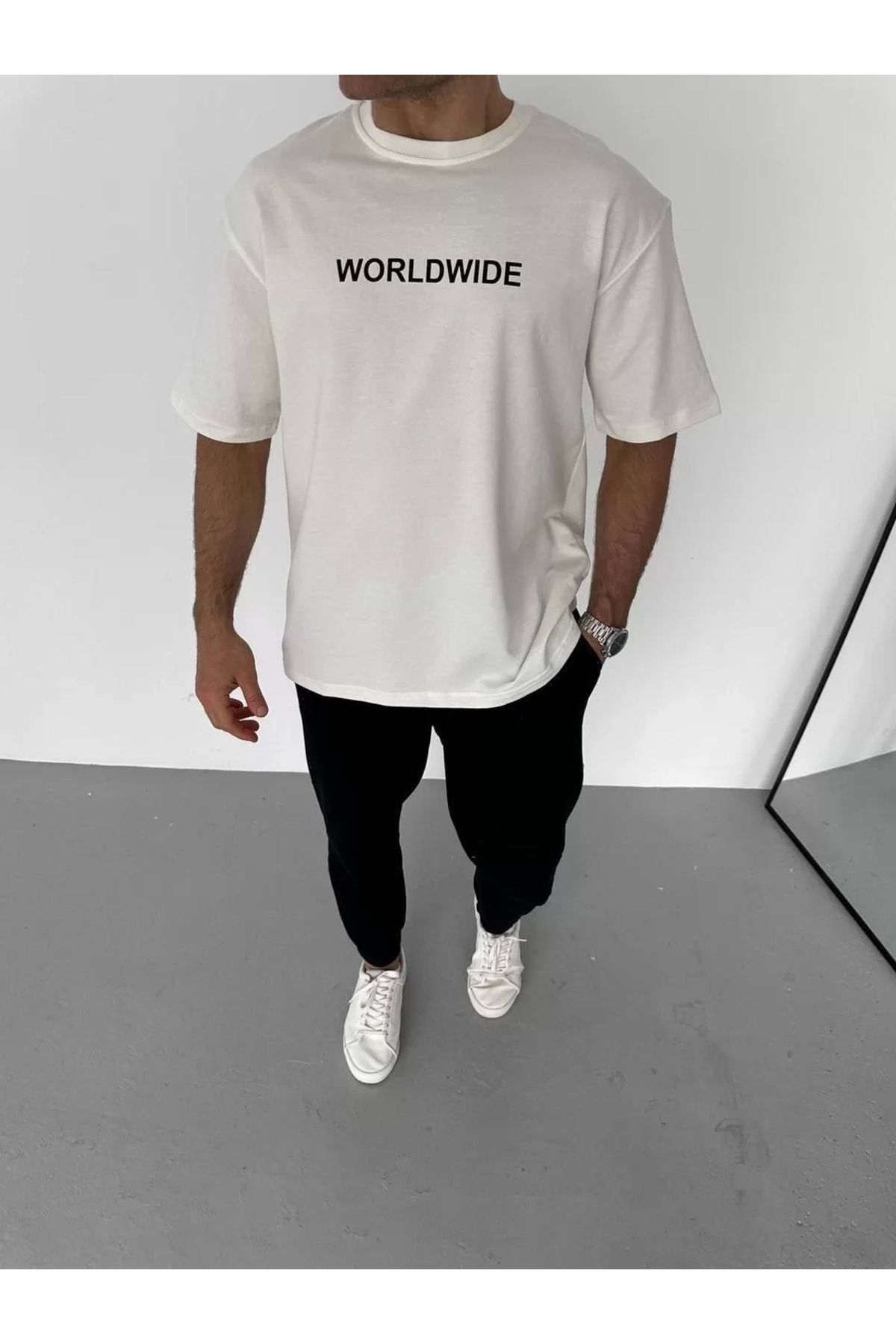 CVS Unisex Bisiklet Yaka Baskılı Oversize T-Shirt - Beyaz