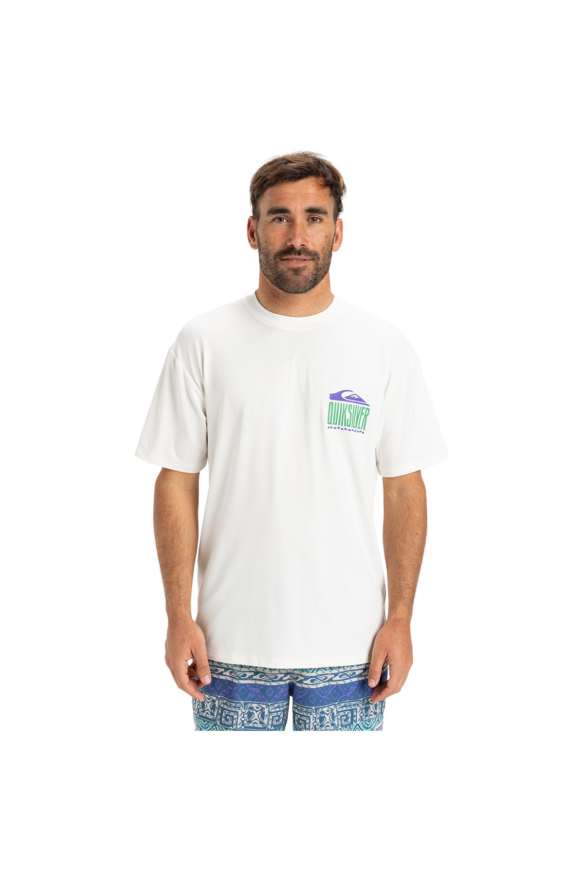 کوییک سیلور تی‌شرت مردانه روزمره طرح موج‌سواری سفید، محافظ در برابر آفتاب AQYWR03135-WBK0