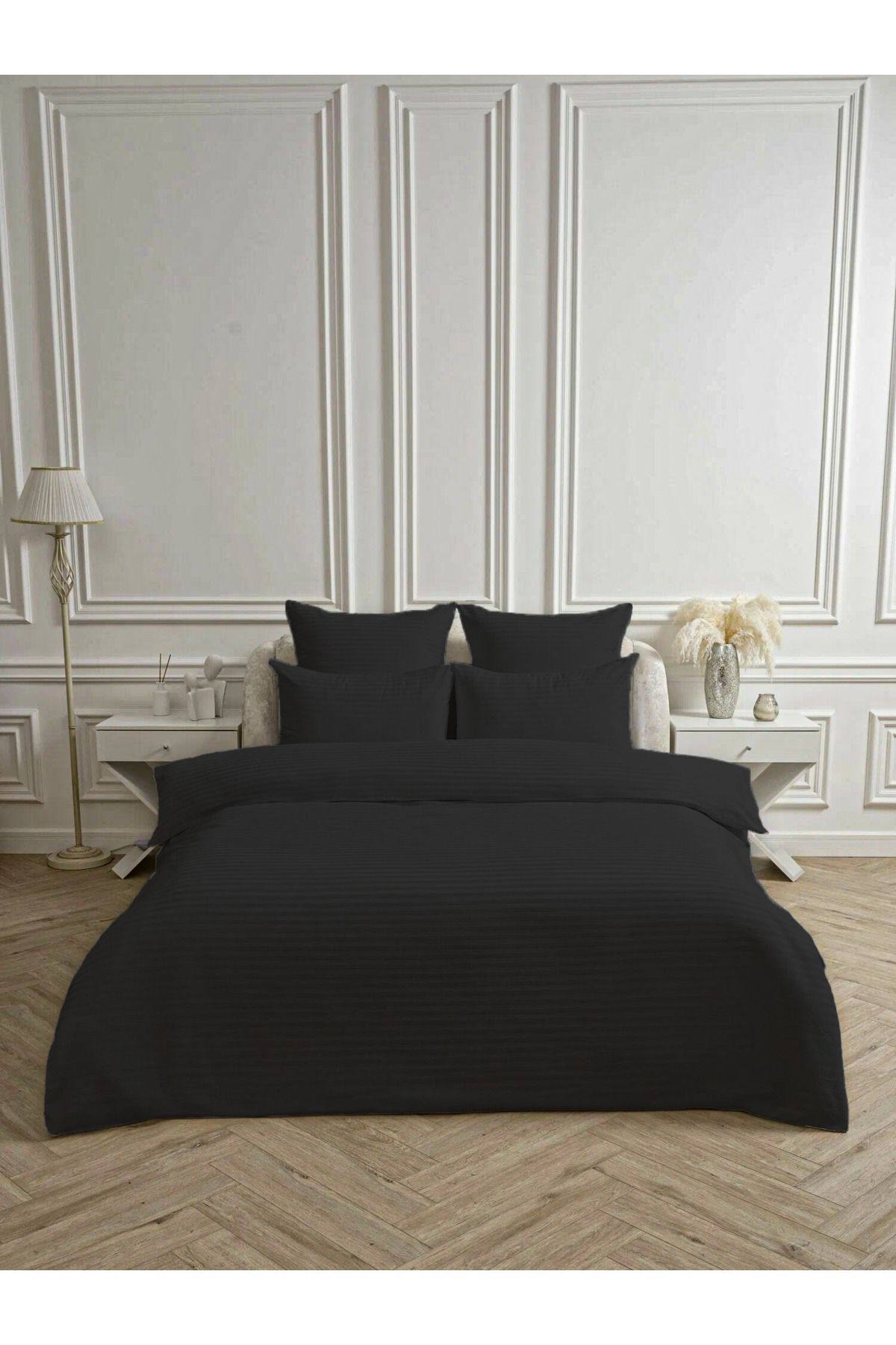 Bonny Home Line Siyah Pamuk Saten Çift Kişilik Nevresim Takımı Lastiksiz Çarşaflı 4 Parça Set