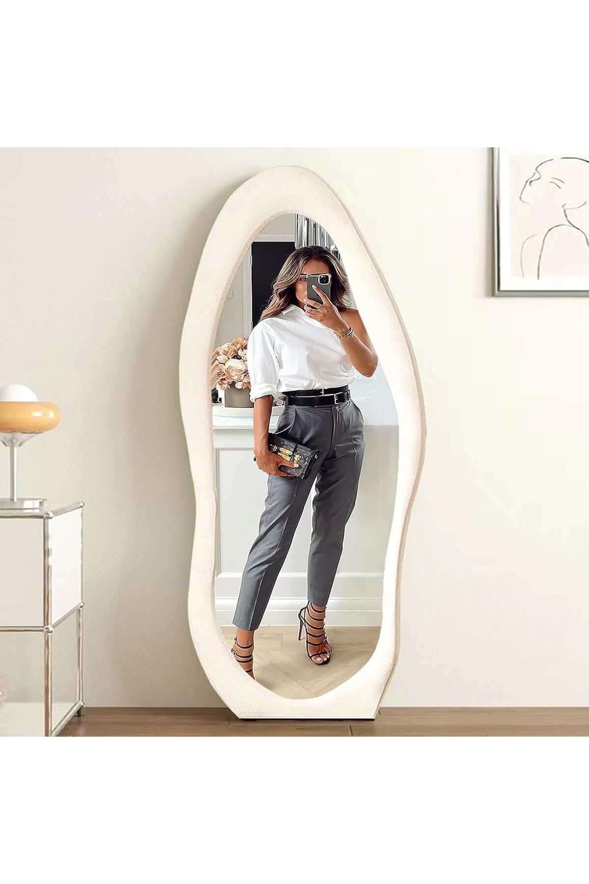 مرآة أرضية بطول كامل، مرآة حائط مع حامل وإطار من قماش مخملي ناعم، بيج 160×60 سم