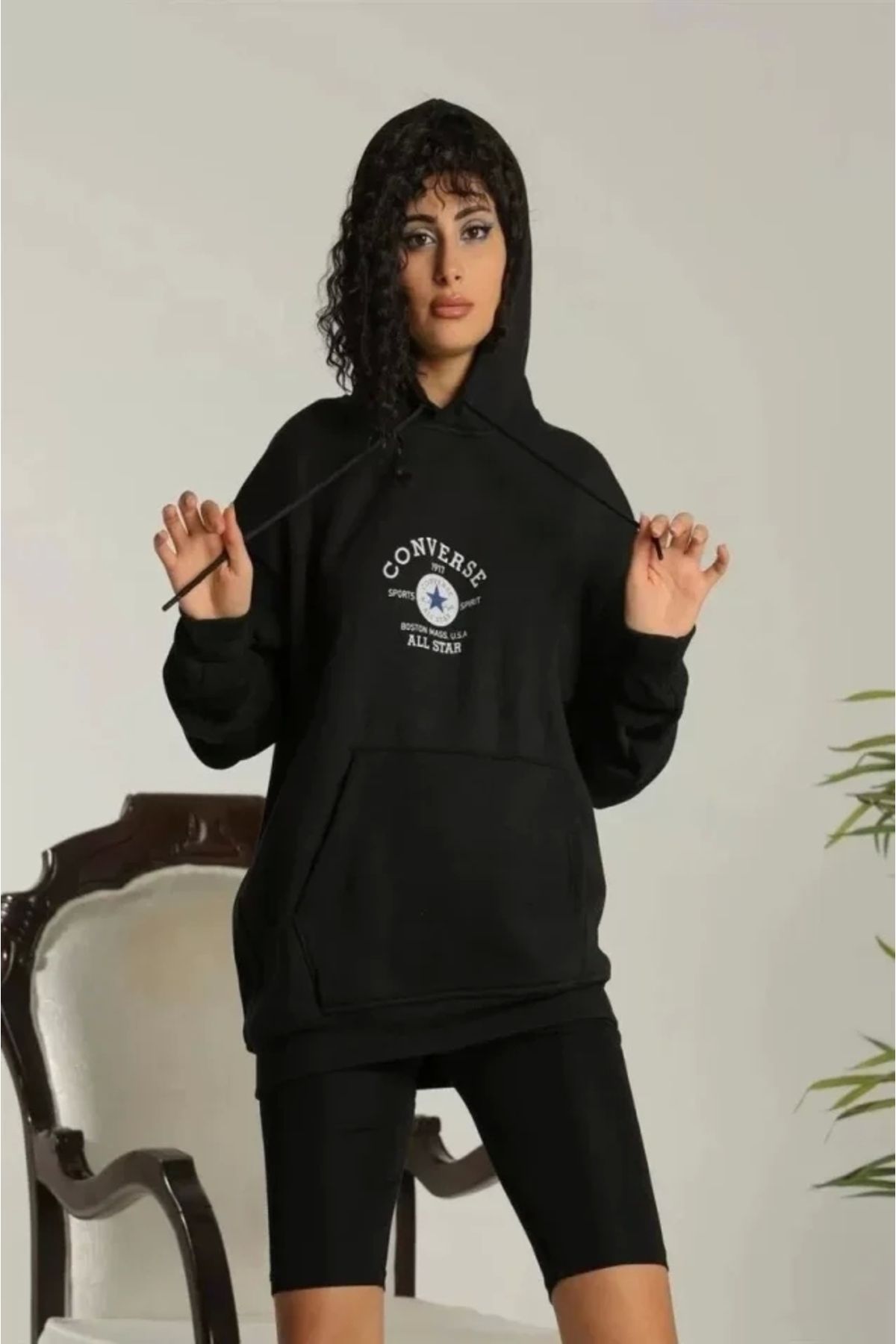 nedo7 Unisex Kapüşonlu Üç İplik Oversize Baskılı Sweatshirt - Siyah