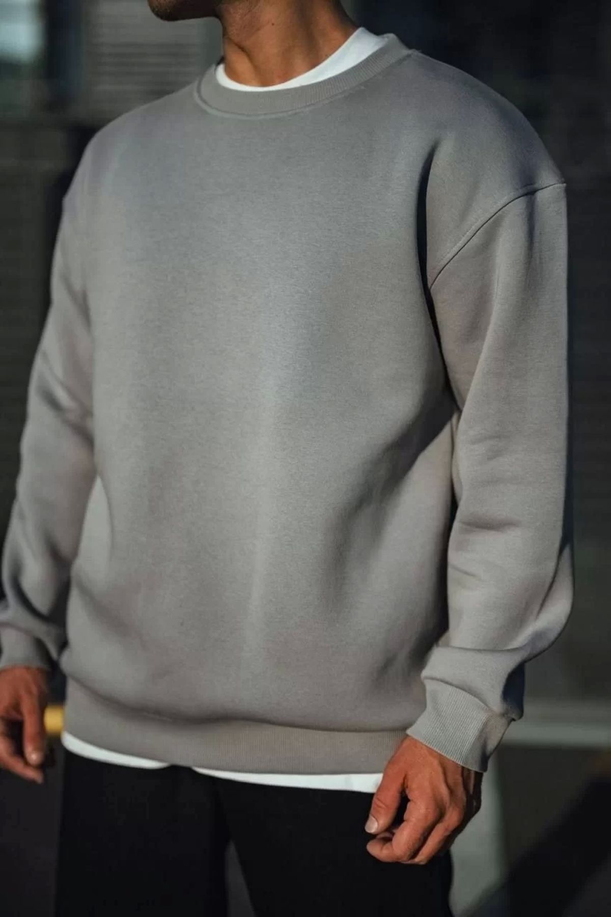 CVS Kışlık Bisiklet Yaka Üç İplik Basic SweatShirt - Boyalı Gri