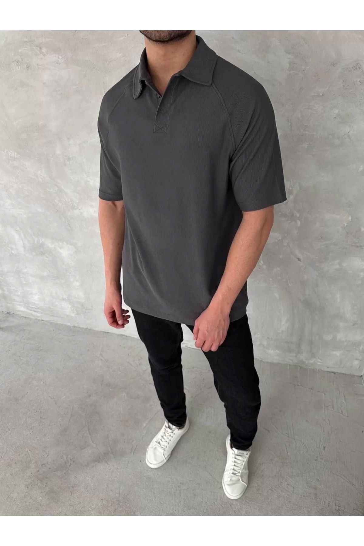 CVS Yakalı Patlı Kısa Kol T-shirt - Antrasit