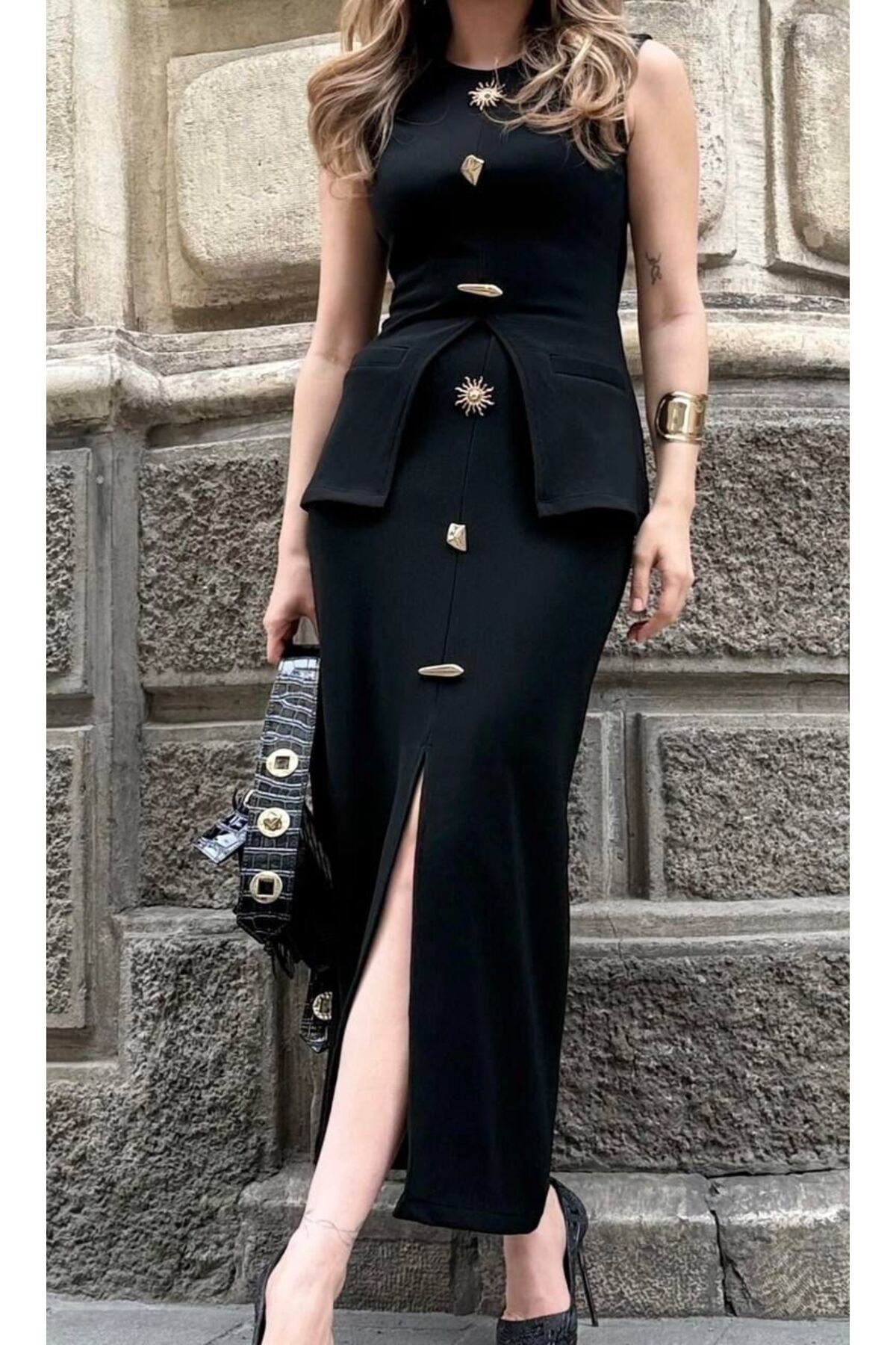 PEUR COLLECTION Triko Gold Düğmeli Etek-SİYAH - L