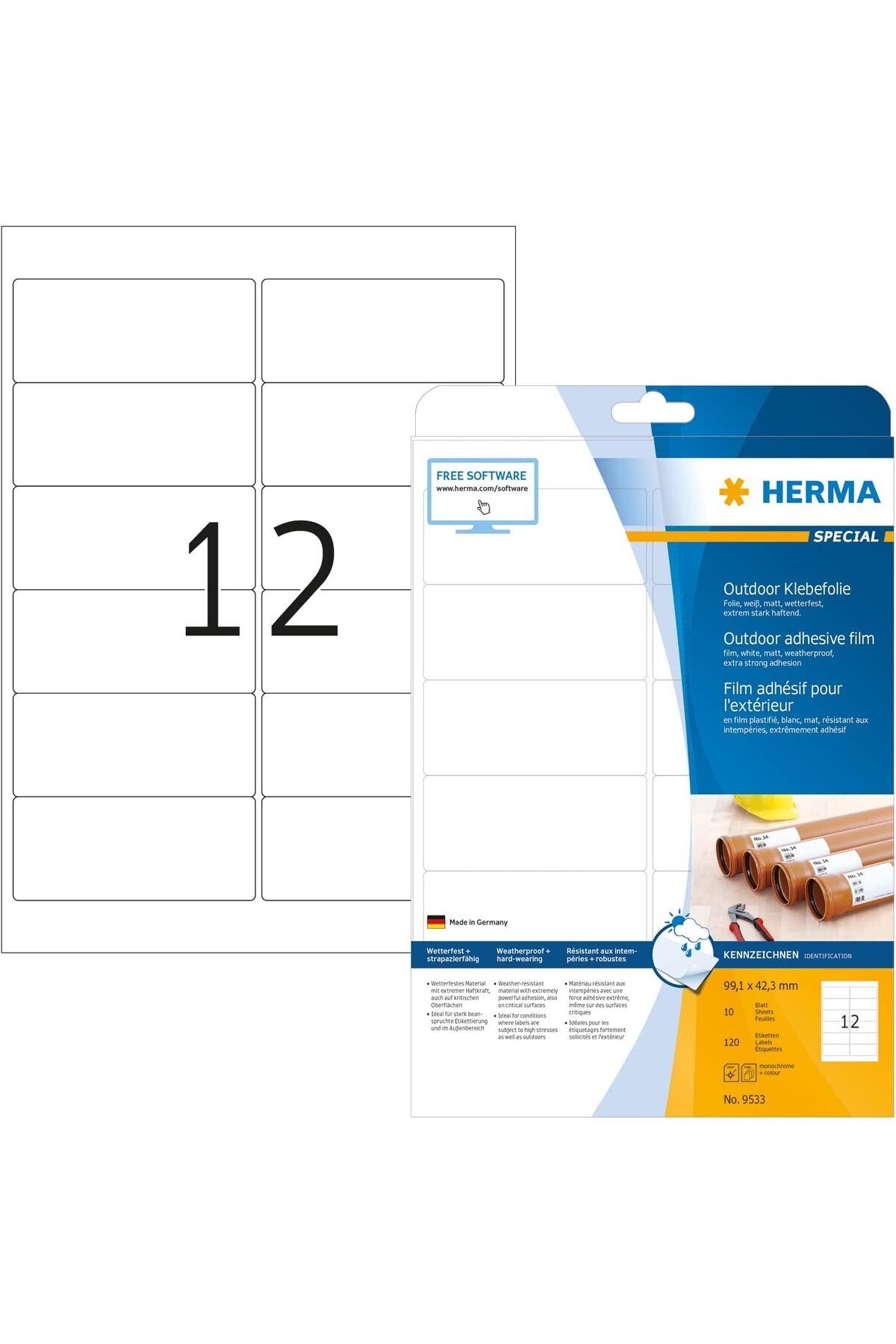 DERİK Derik 9533 Folyo Etiketleri, 10 Yaprak, 99,1 x 42,3 mm, A4 Başına 12, 120 Adet, Kendinden Yapışk