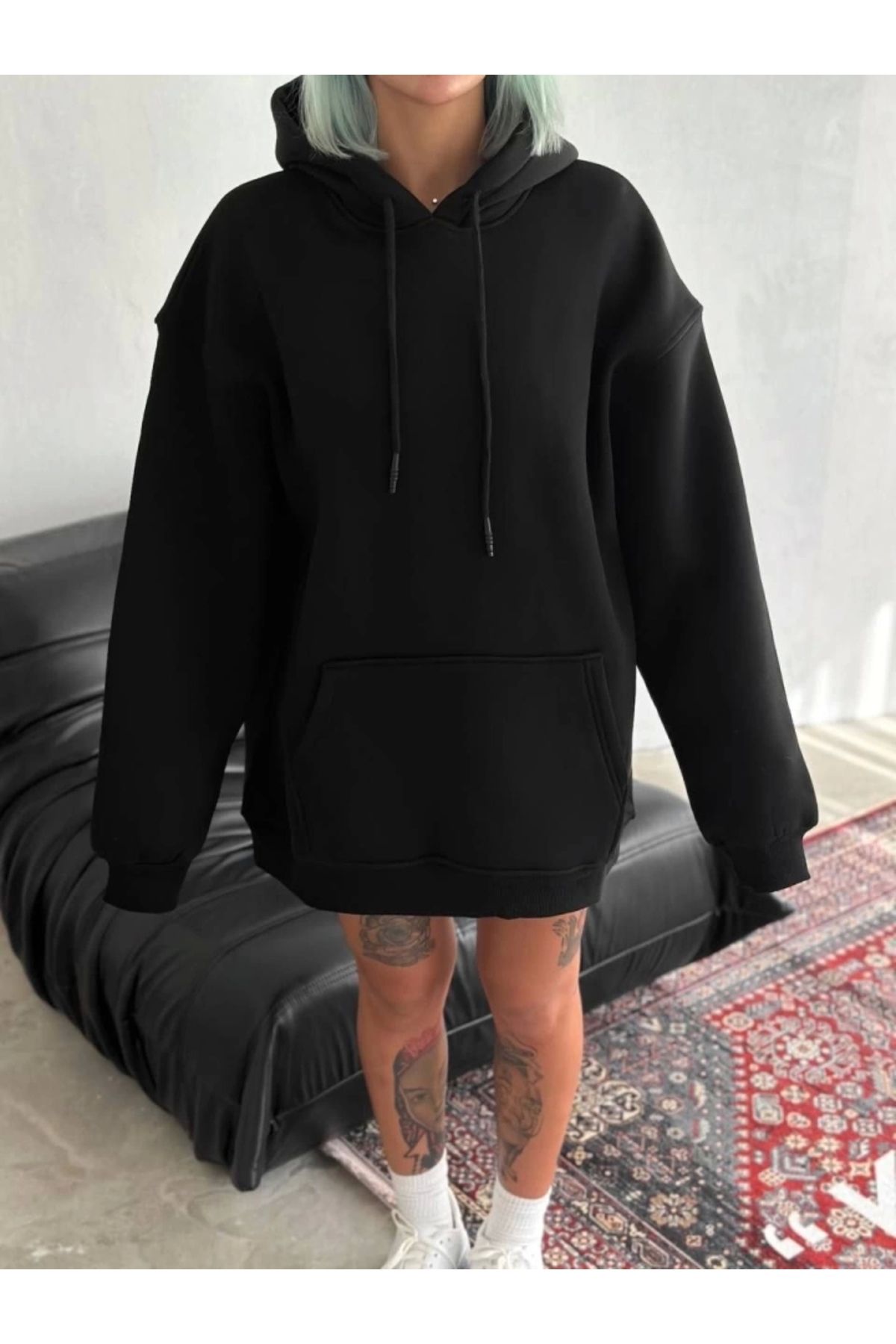 nedo7 Kapşonlu Üç İplik Penye Basic SweatShirt - Siyah