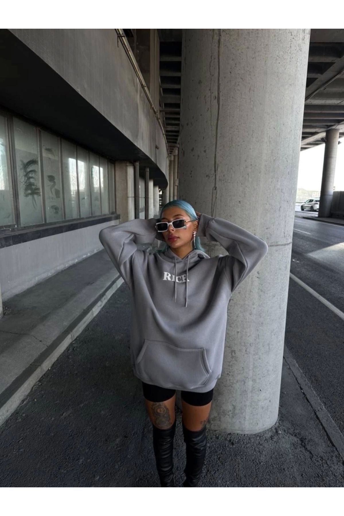 nedo7 Uzun Kol Kapşonlu Göğüs Baskılı SweatShirt - Gri