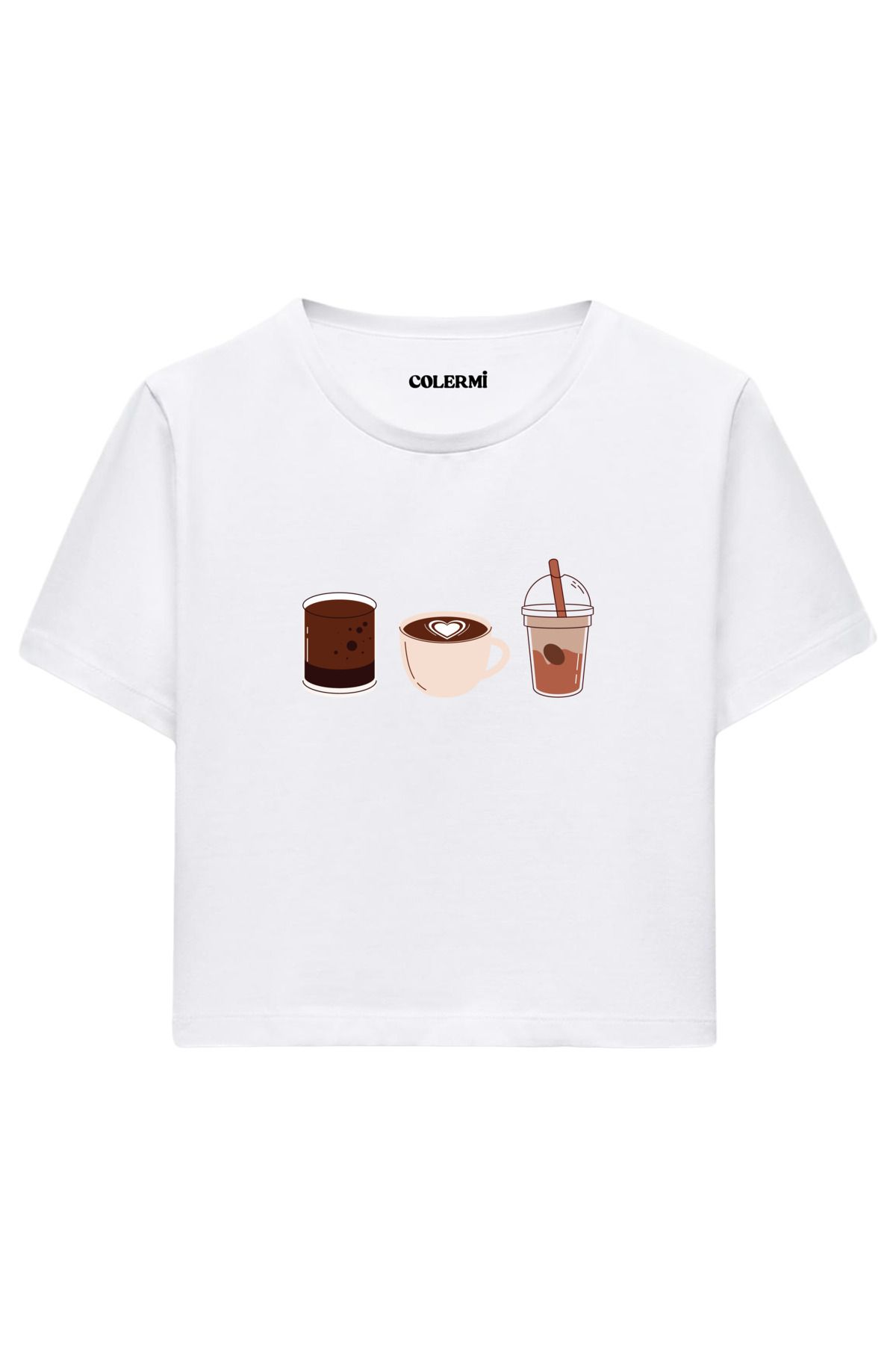 Colermi Kahve İllüstrasyon Baskılı %100 Pamuk Kadın Crop Tshirt