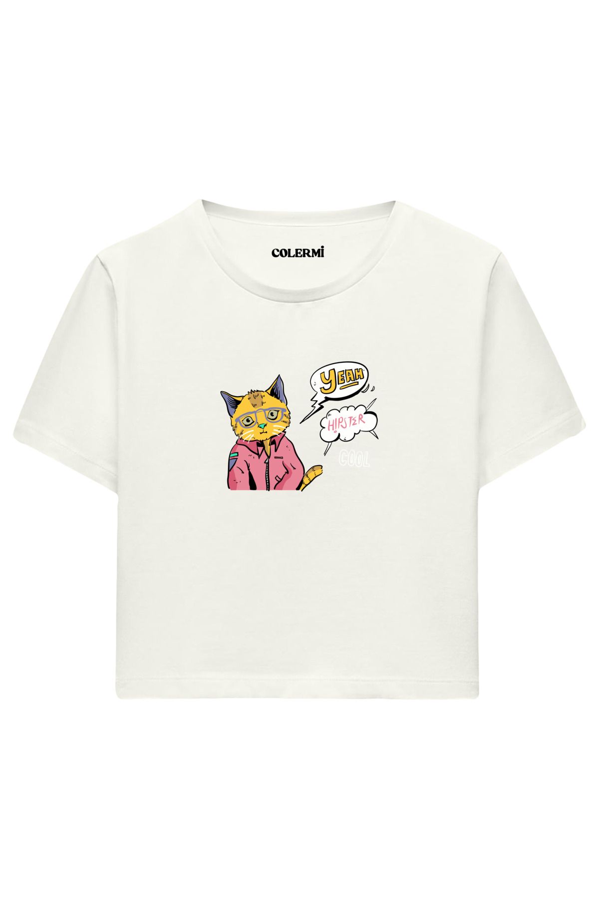 Colermi Hipster Kedi Baskılı %100 Pamuk Kadın Crop Tshirt