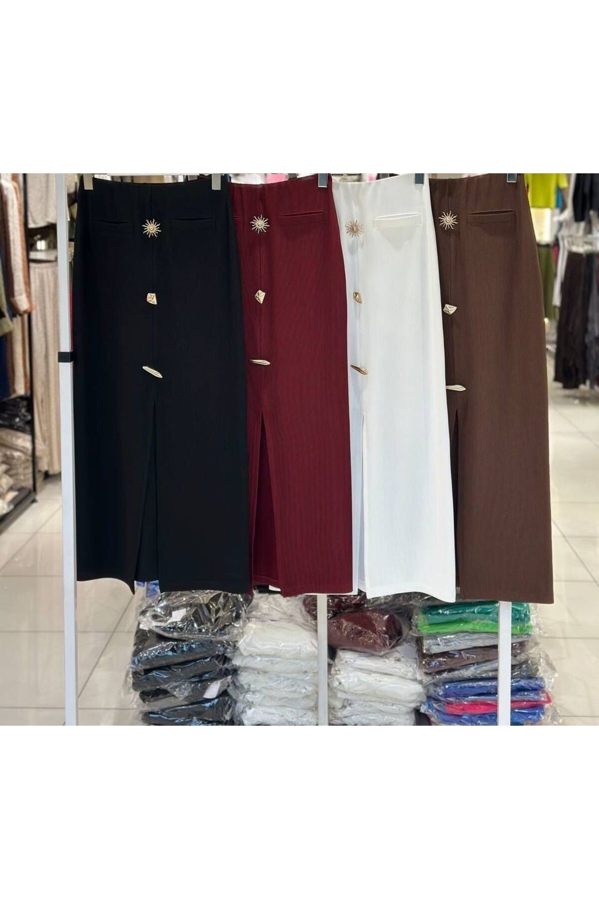 PEUR COLLECTION Triko Gold Düğmeli Etek-BORDO - M