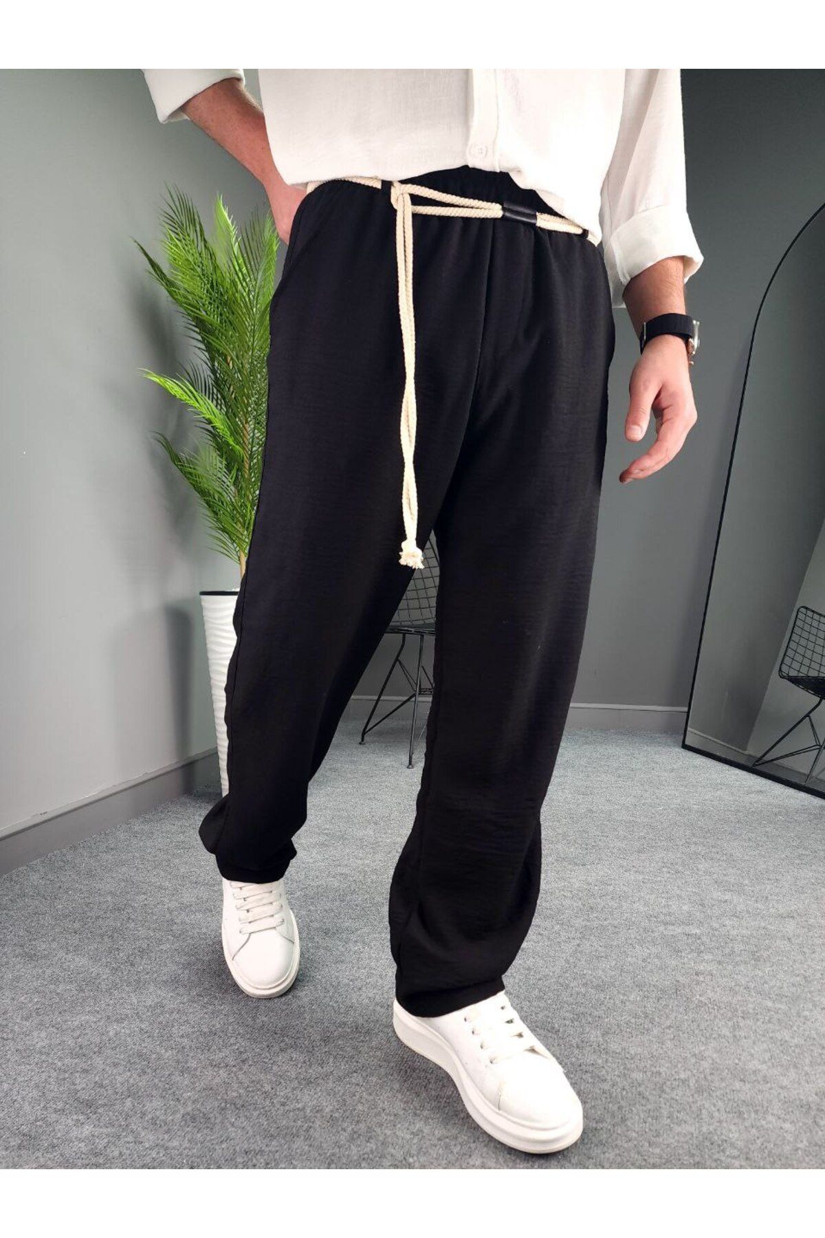 Castivo Fashion Bağcıklı Lastik Bel Rahat Kesim Erkek Yazlık Keten Görünümlü Pantolon