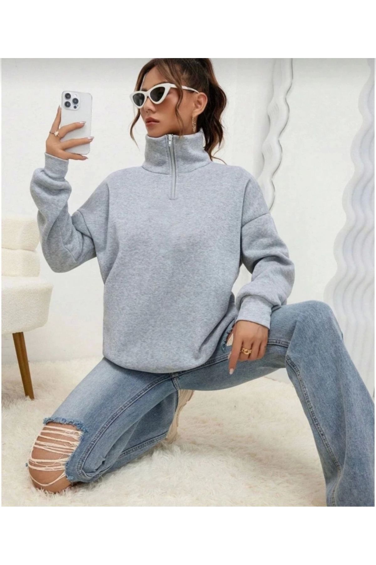 nedo7 Unisex Uzun Kol Yarım Farmuarlı Yakalı Basic SweatShirt - Gri