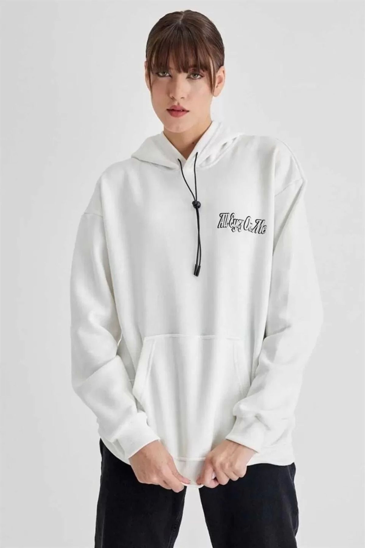 CVS Kadın Kapüşonlu Sırt Baskılı Üç İplik Oversize Sweatshirt - Beyaz