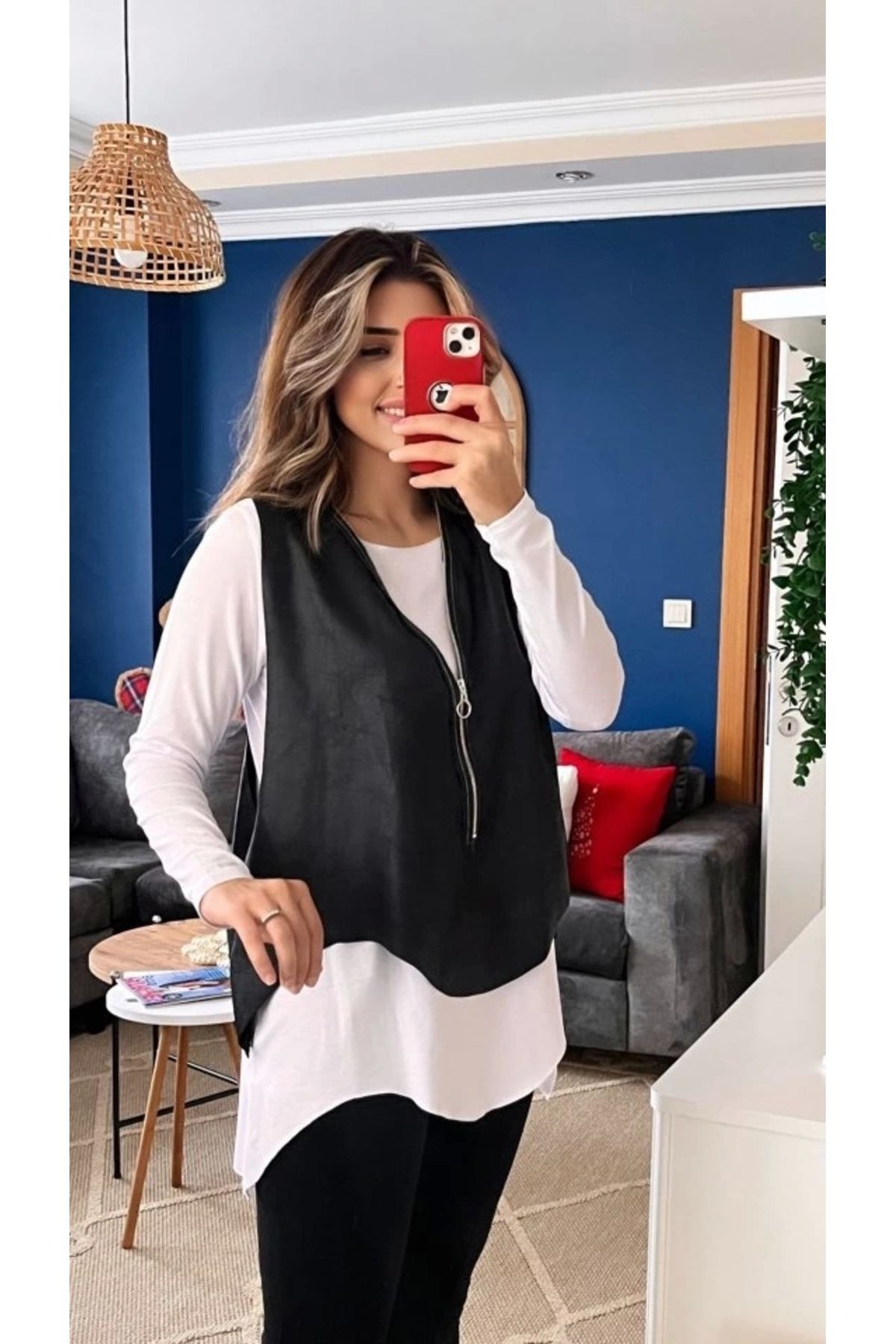 nedo7 Kadın Uzun Kol Asimetrik Kesim Viskon Bluz Ve çatlak Deri Görünümlü Fermuar Detaylı Yelek Ikili Takı