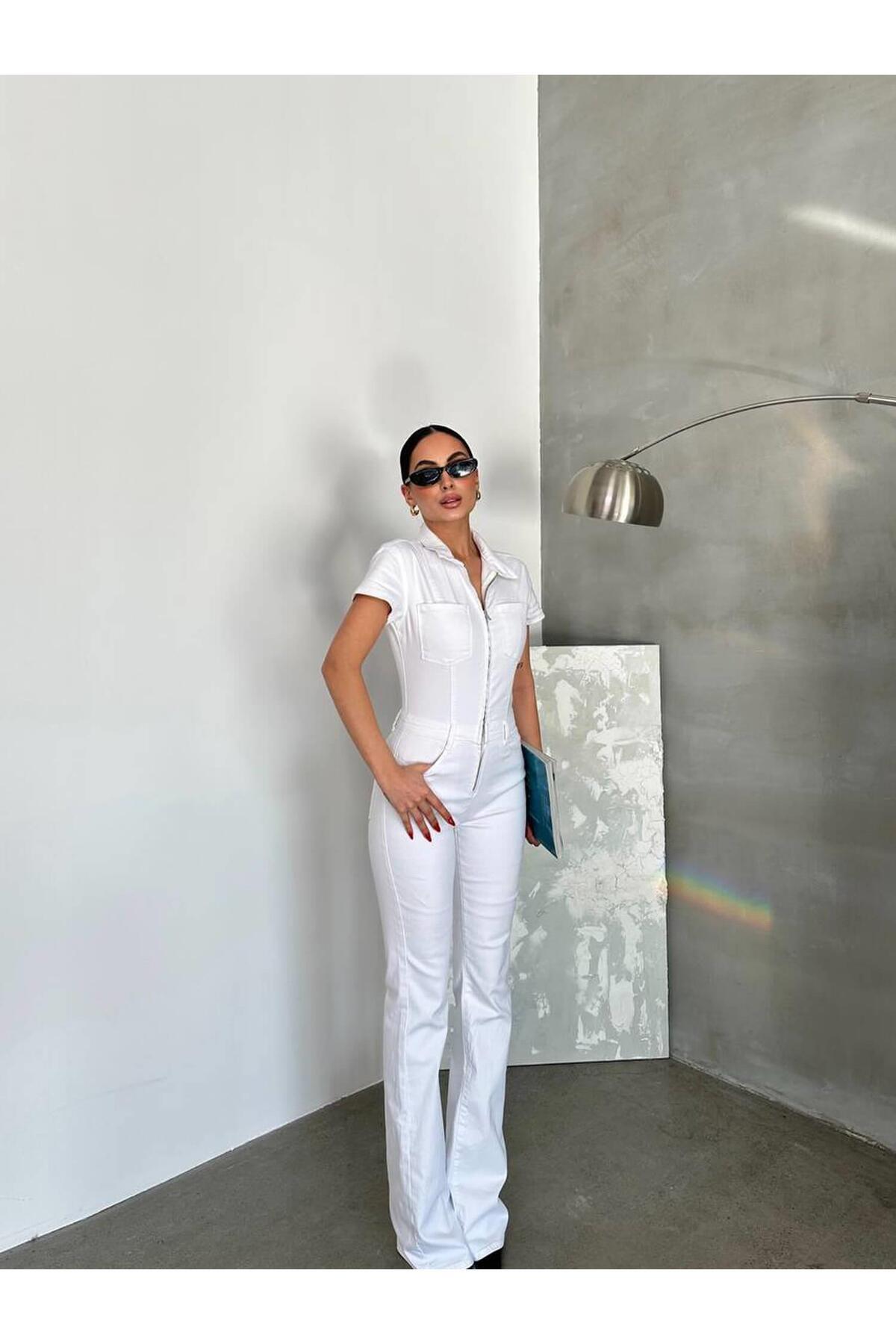 Coral-Zippered Collar Jumpsuit White 5