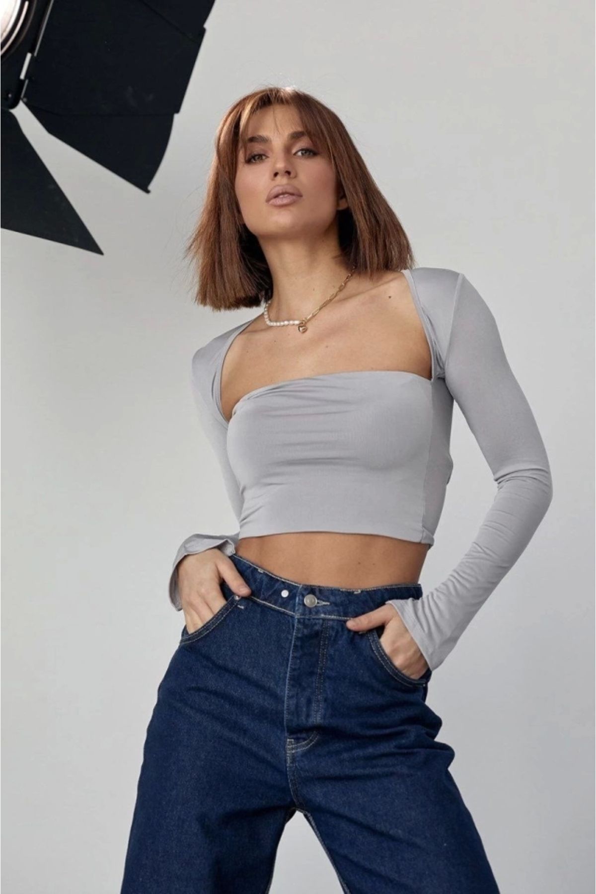 nedo7 Kara Yaka Uzun Kollu Crop - Taş