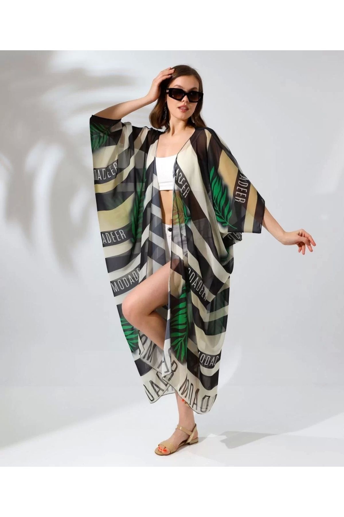 CVS Kadın Rahat Kesim Kemerli Şifon Kimono - Yeşil