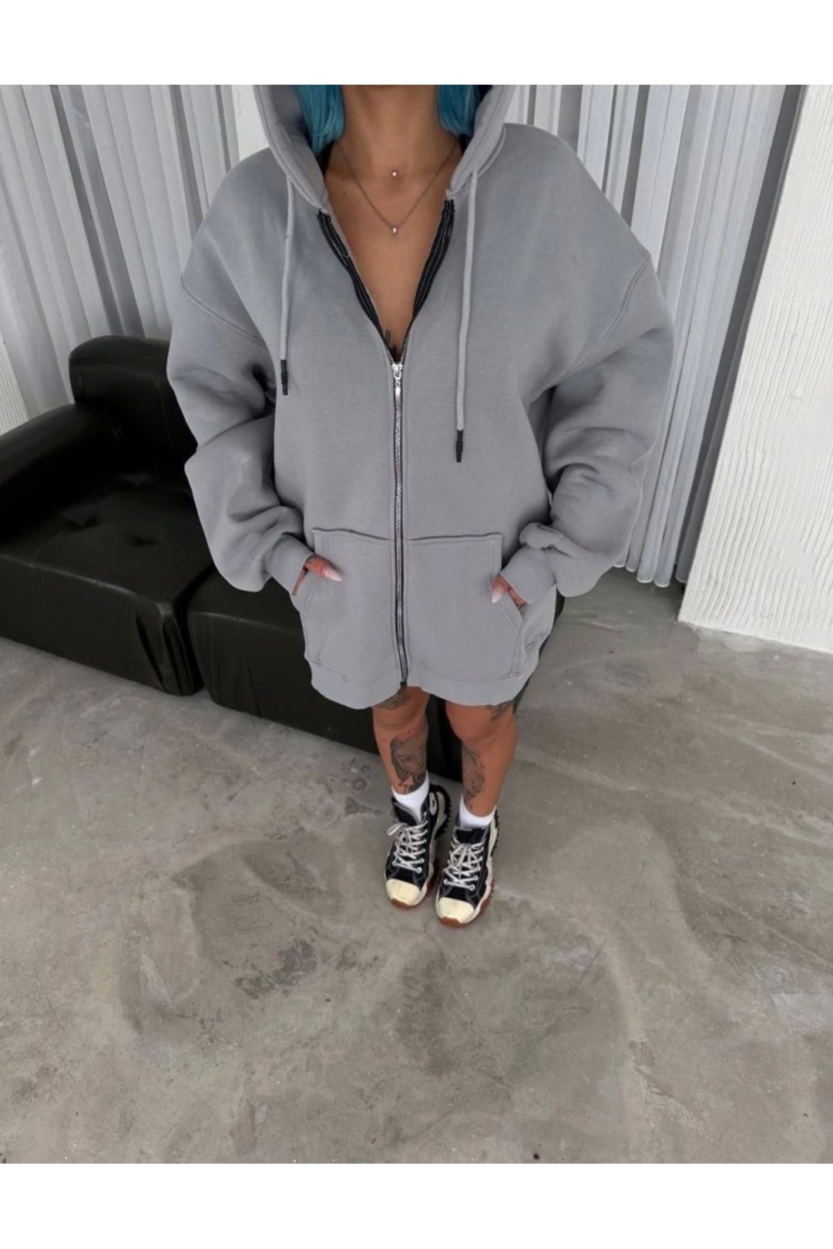 nedo7 Oversize Tam Fermuarlı Uzun Kol Hırka - Gri