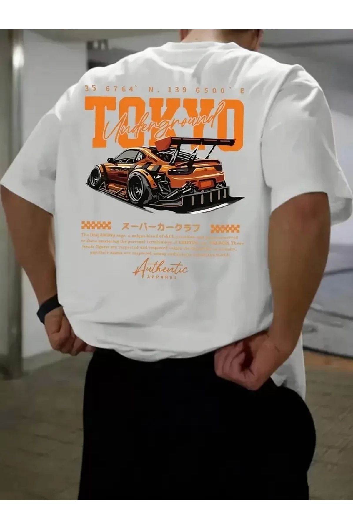 CVS Erkek Turuncu Spor Araba Grafik Tişört - "TOKYO" Baskılı Günlük Oversize Kısa Kollu Tişört, Yetişkin