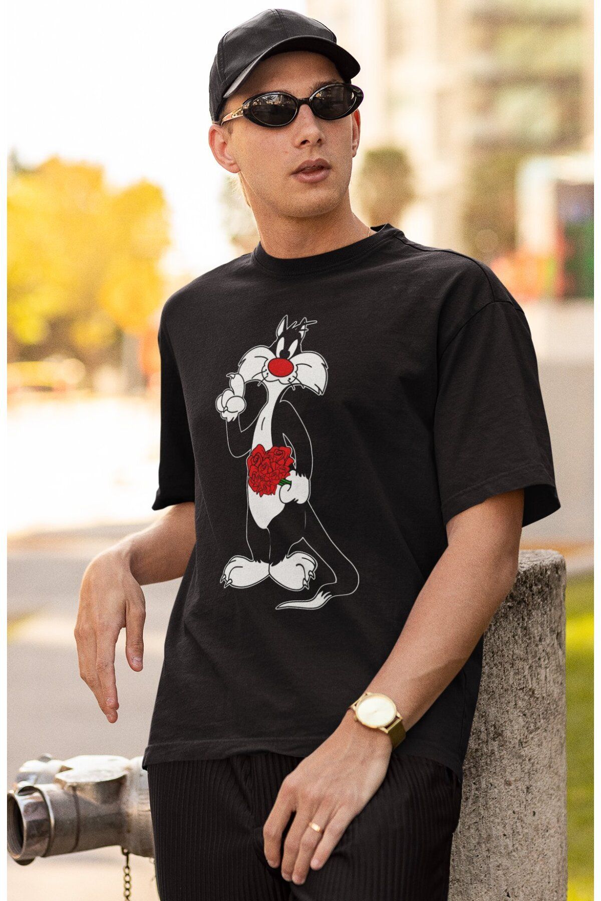 CNGZSHOP Oversize Sylvester Baskılı Tişört, Unisex Çizgi Film Karakter Baskılı T-Shirt