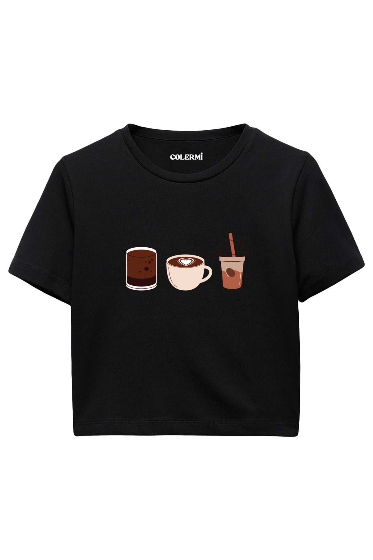 Colermi Kahve İllüstrasyon Baskılı %100 Pamuk Kadın Crop Tshirt