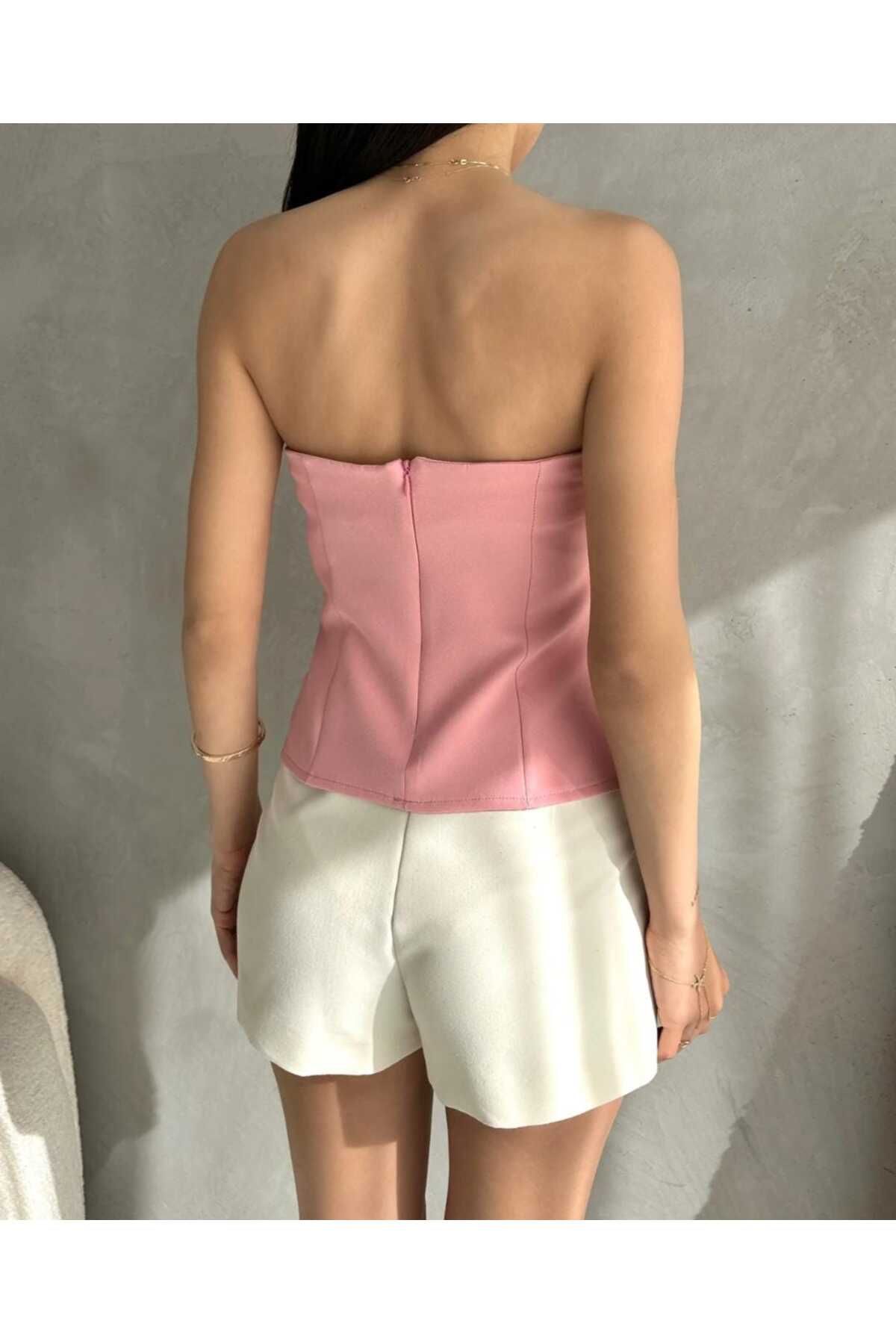 zienna Straplez Beli Toka Detaylı Crep Bluz
