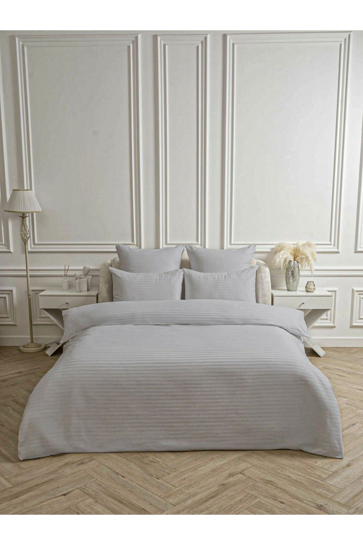 Bonny Home Line Gri Pamuk Saten Çift Kişilik Nevresim Takımı Lastiksiz Çarşaflı 4 Parça Set