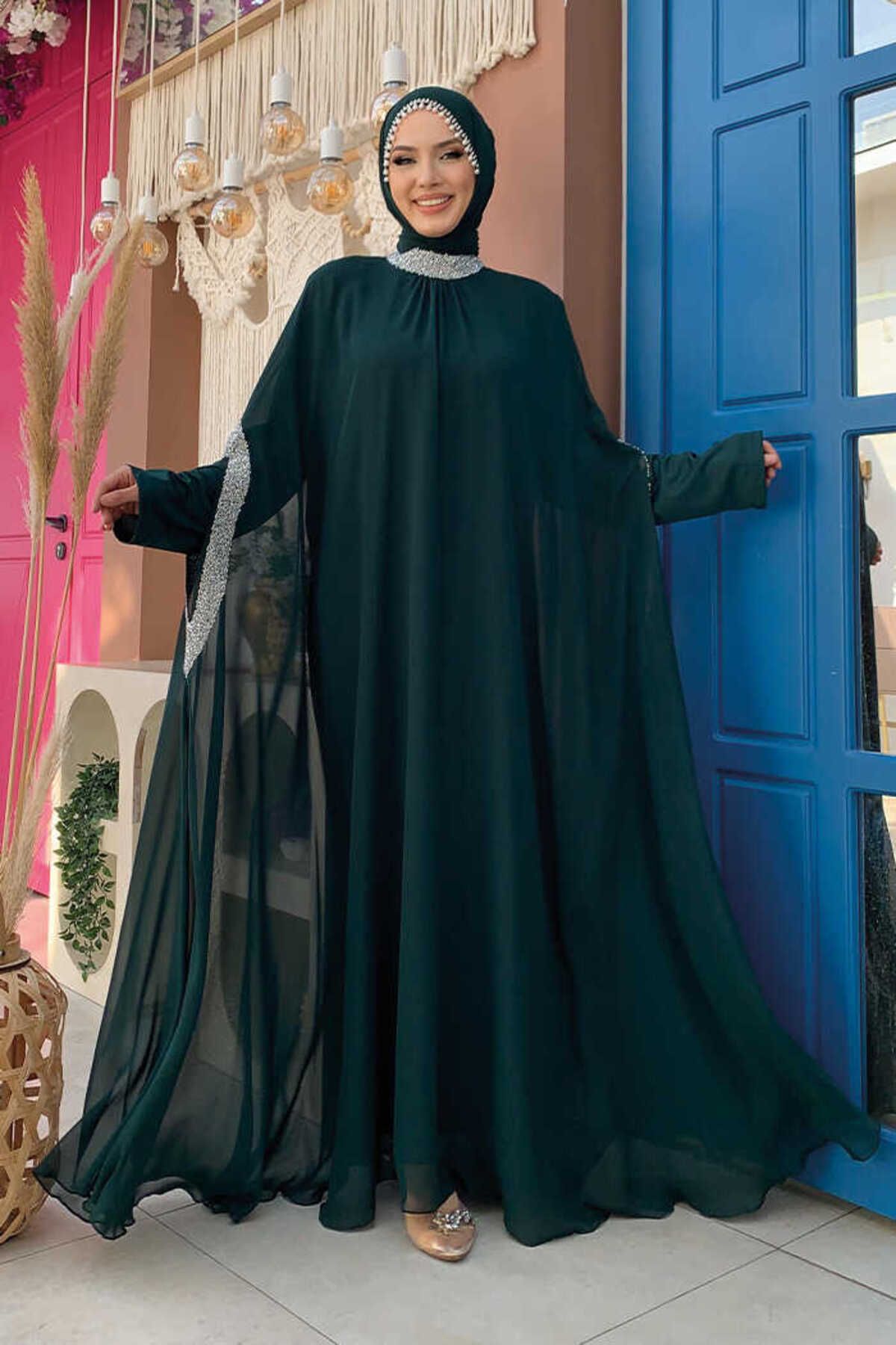 Bym Fashion Taş İşleme Detaylı Elbiseli Pelerin Takım 3875 Zümrüt