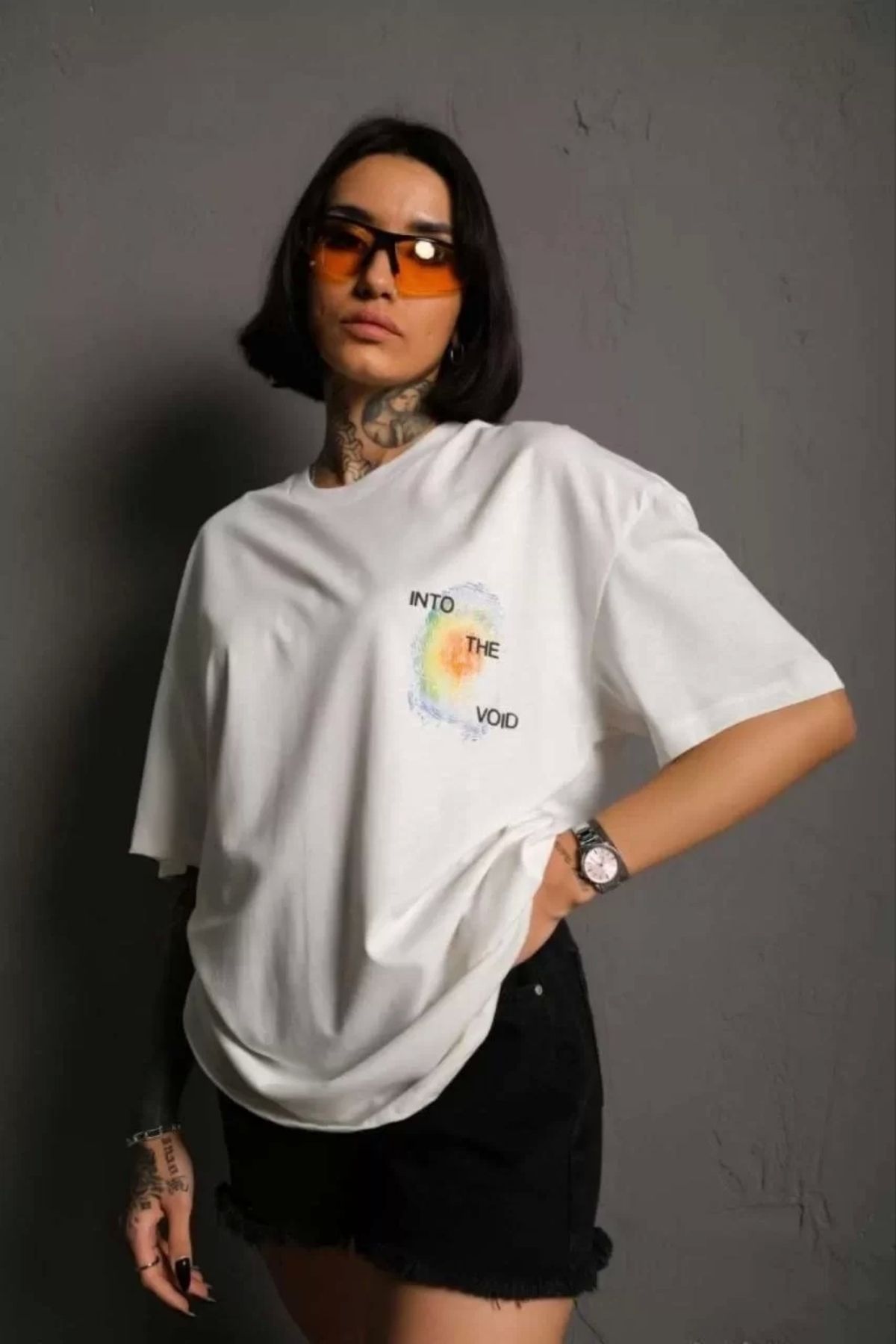 CVS Unisex Bisiklet Yaka Baskılı Oversize T-Shirt - Beyaz
