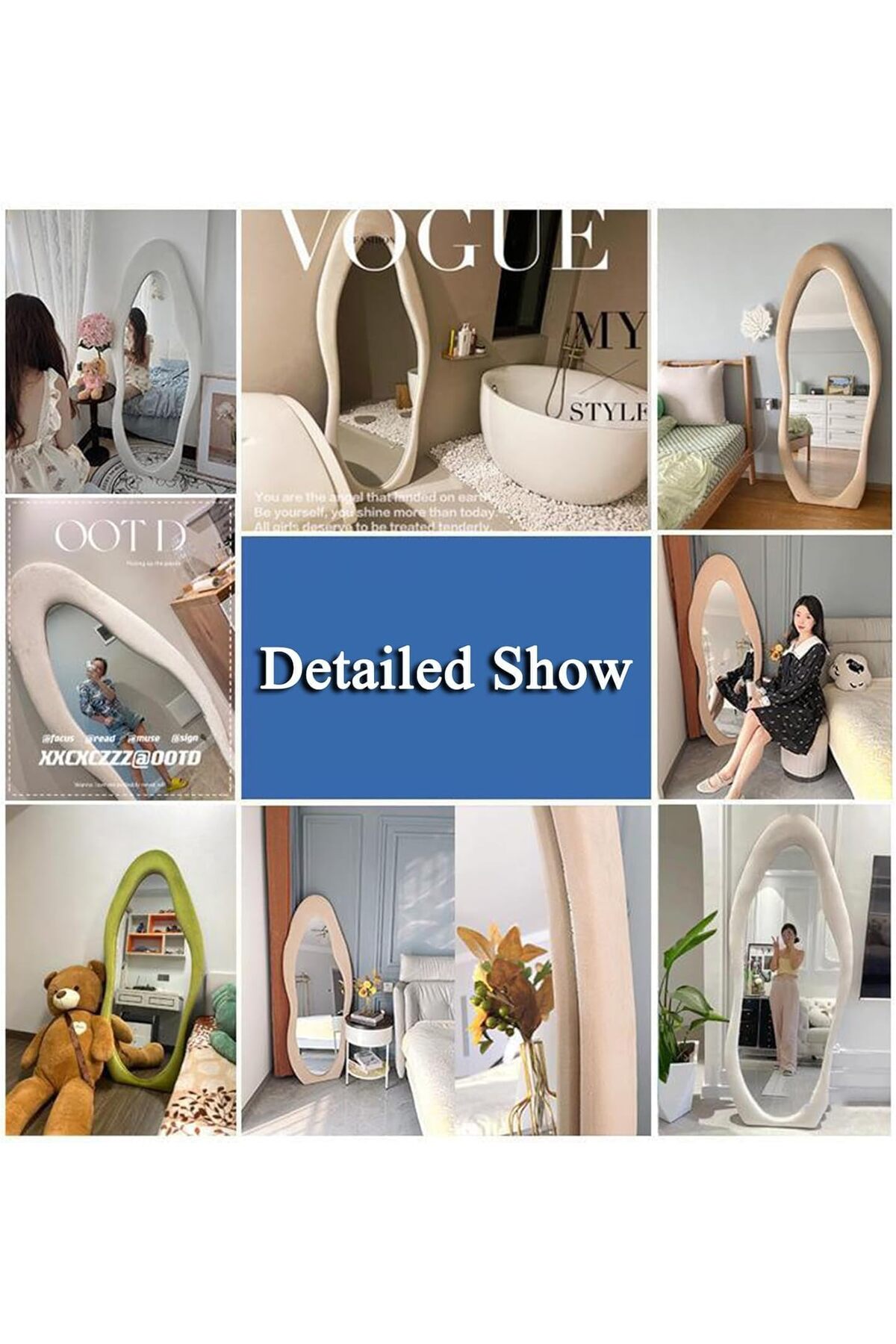 مرآة أرضية بطول كامل، مرآة حائط مع حامل وإطار من قماش مخملي ناعم، بيج 160×60 سم