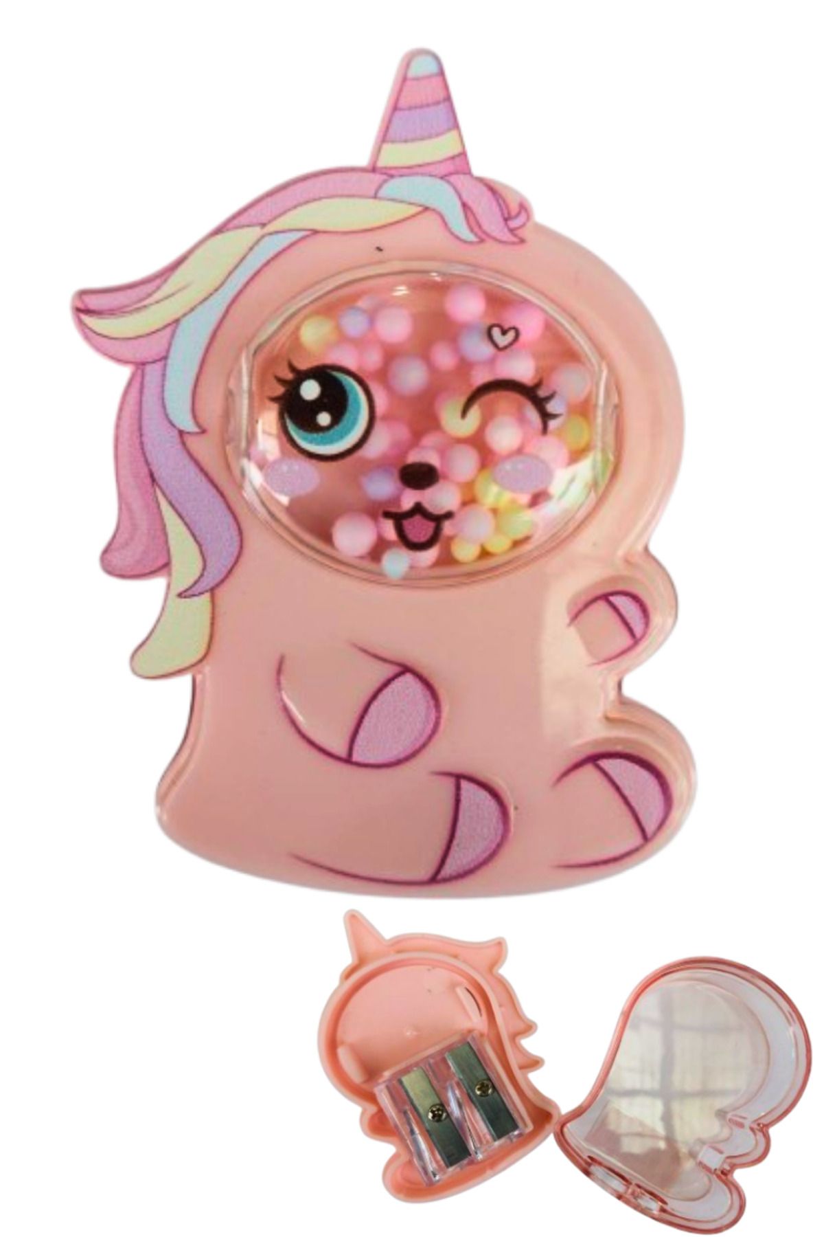 Glanart köpüklü unicorn figürlü çift bıçaklı kalemtraş hazneli 1 adet pembe