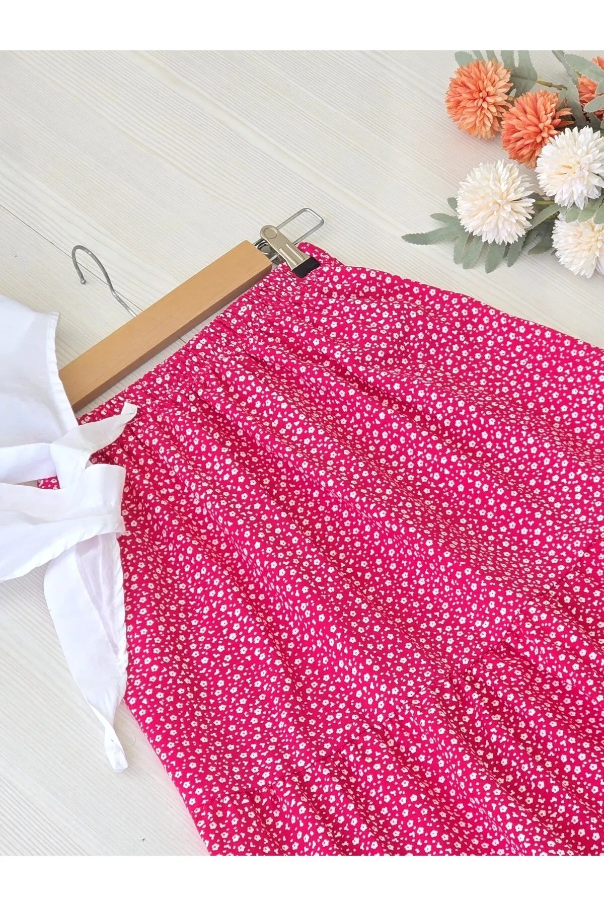 Namaste Vintage Pembe küçük çiçekli beli lastikli uzun viskon etek (S/M/L beden uyumlu)