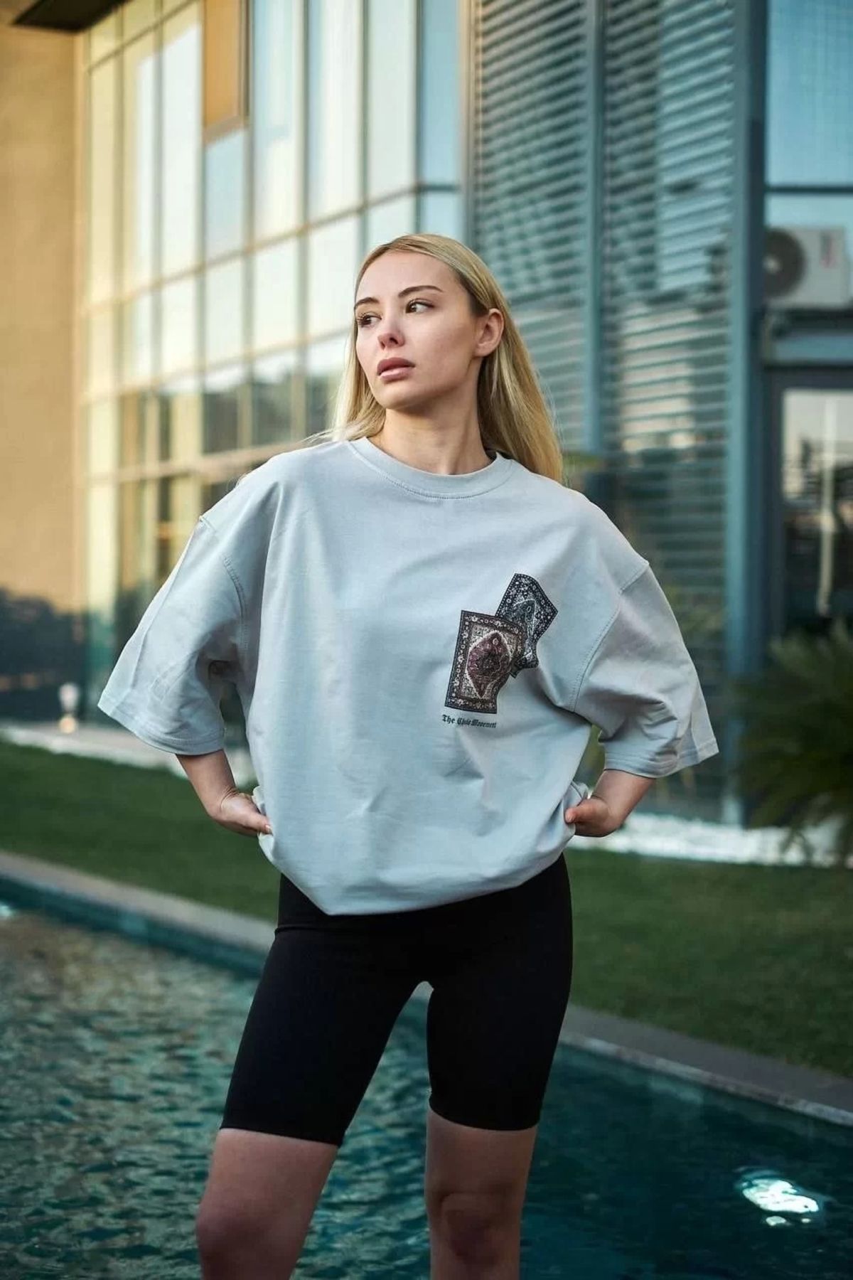 CVS Unisex Bisiklet Yaka Baskılı Oversize T-Shirt - Boyalı Gri