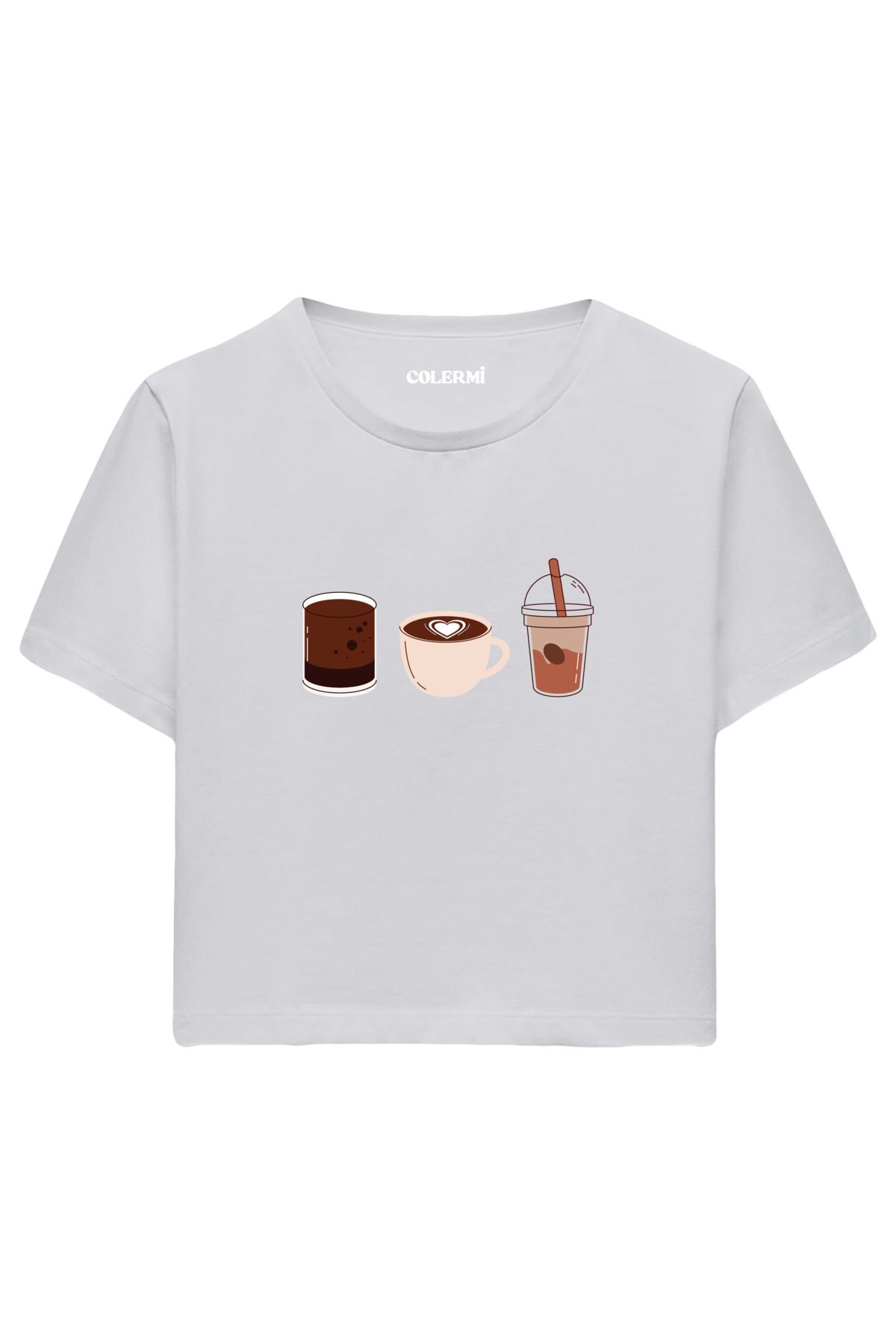 Colermi Kahve İllüstrasyon Baskılı %100 Pamuk Kadın Crop Tshirt
