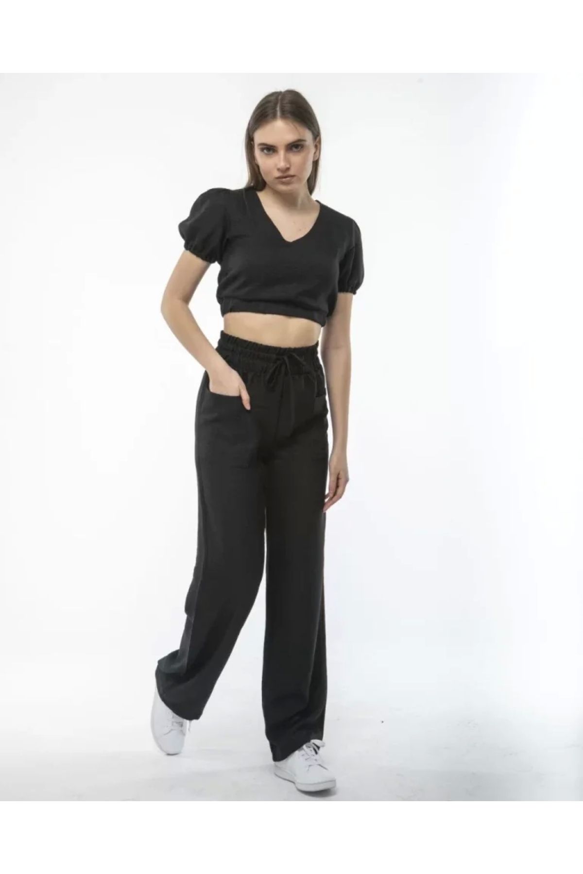 nedo7 Kadin Keten Pantalon Ve Crop Takım - Siyah