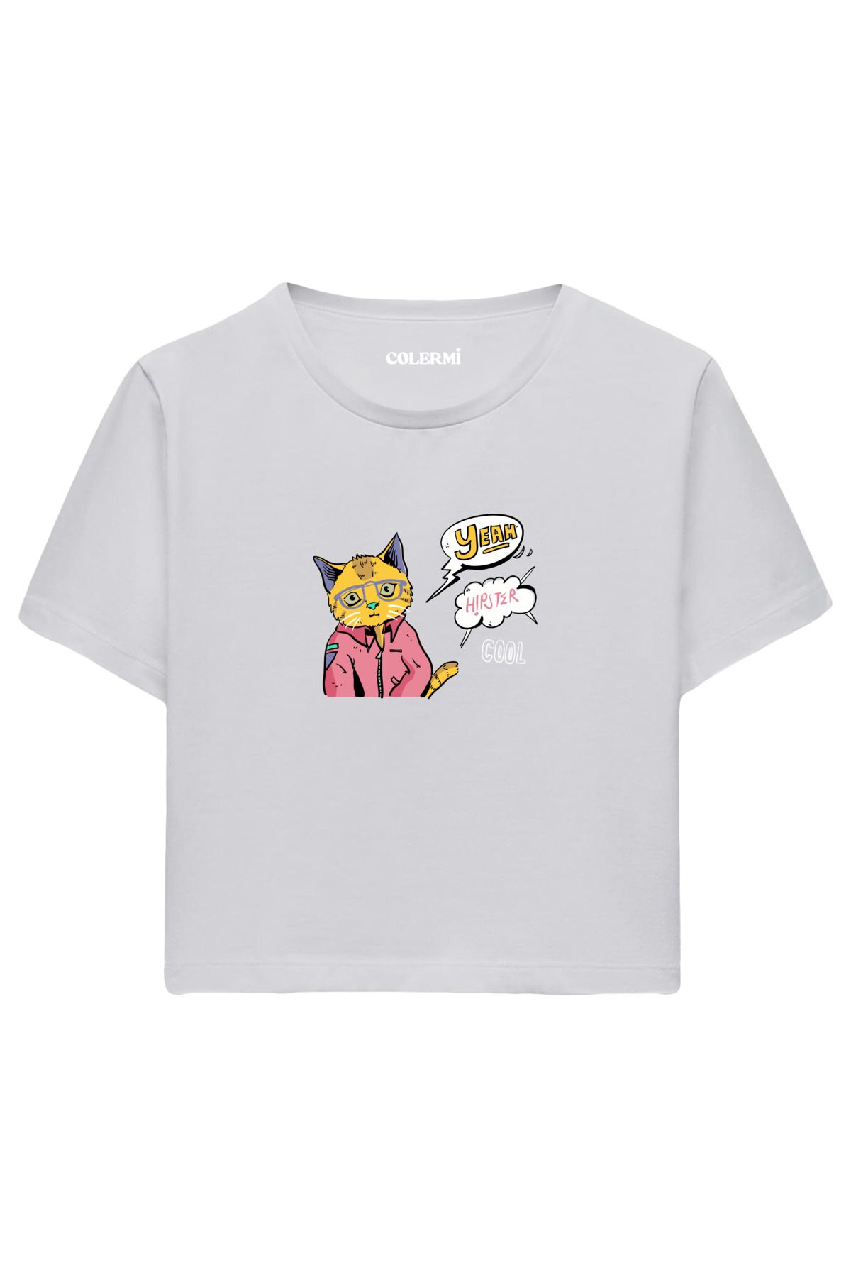 Colermi Hipster Kedi Baskılı %100 Pamuk Kadın Crop Tshirt