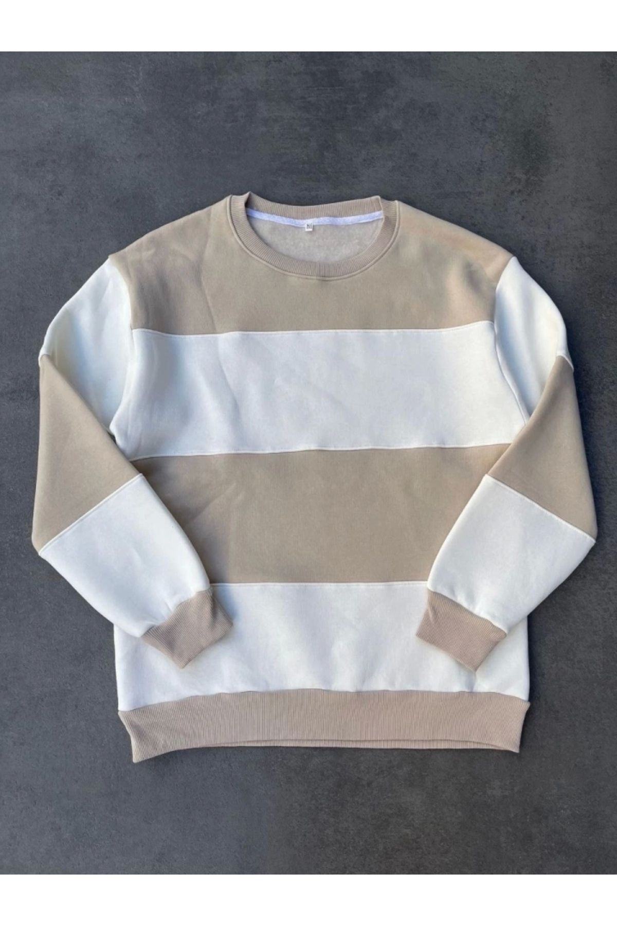 nedo7 Parçalı Bisiklet Yaka Baskılı SweatShirt - Bej