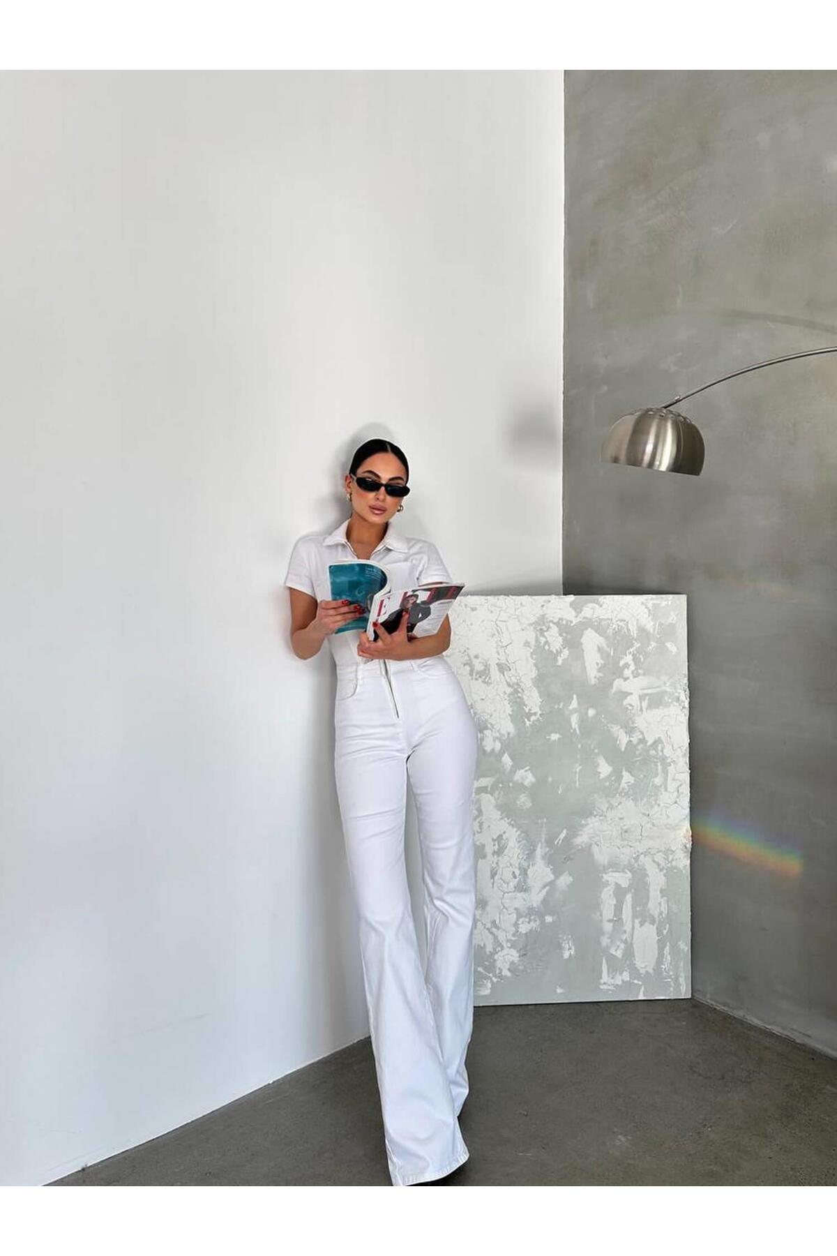 Coral-Zippered Collar Jumpsuit White 6